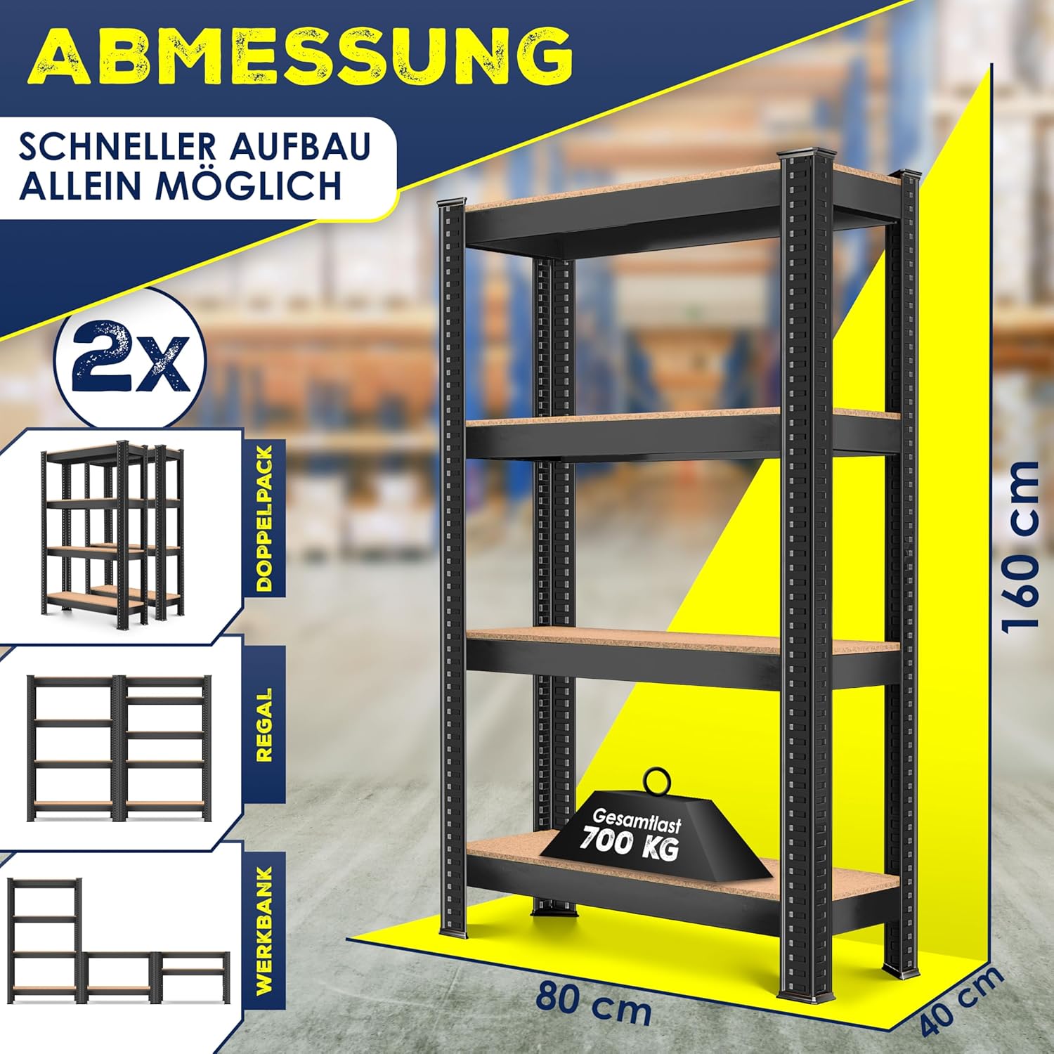 MASKO® 2er-Set Lagerregal Schwerlastregal, Kellerregal, 160 x 80 x 40 cm, bis 700kg belastbar, 4 verstellbare Ablagen, MDF-Platten Regal aus Metall, Steckregal, Werkstattregal, Keller, Garage Schwarz — Ansicht 2