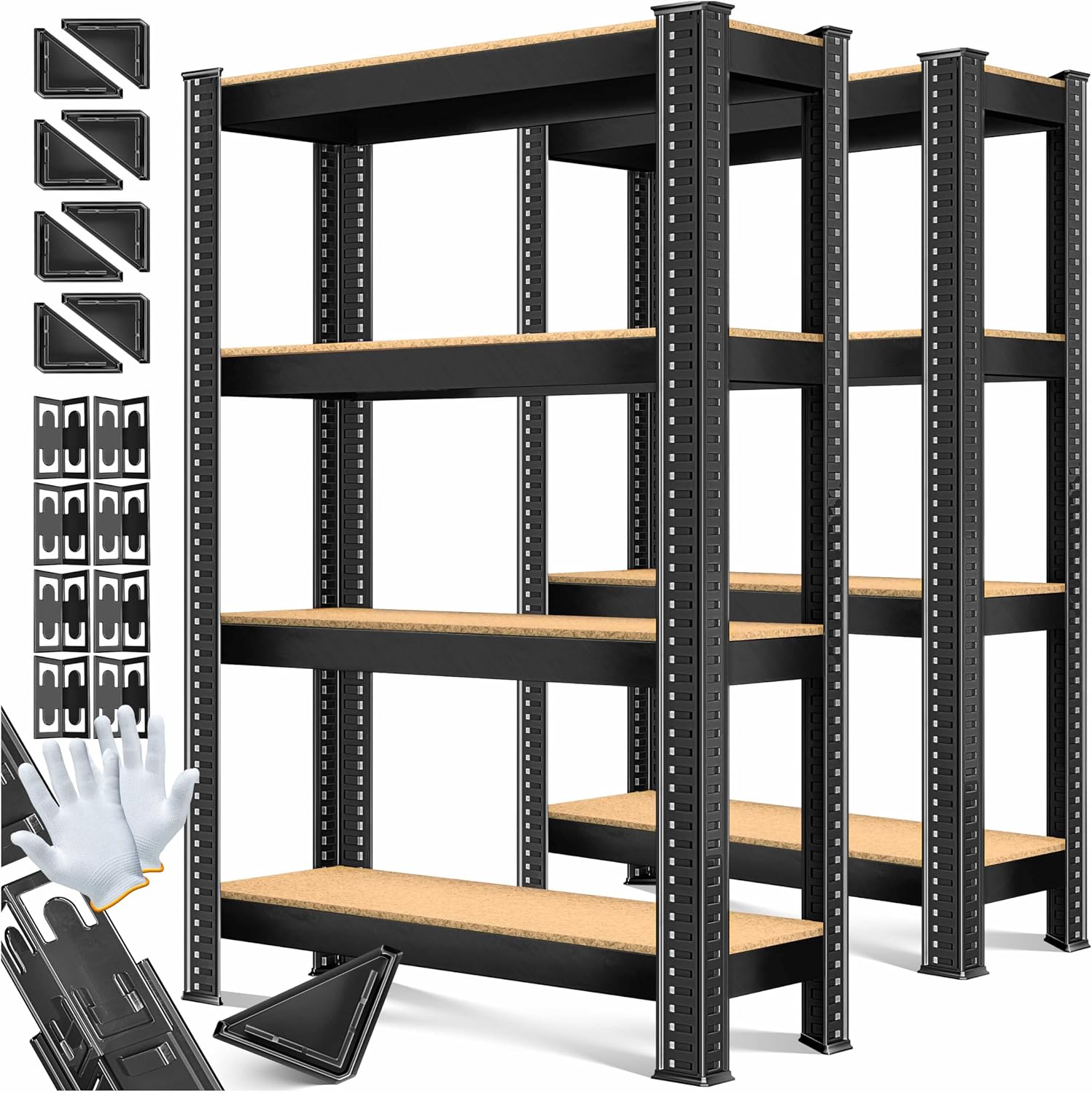 MASKO® 2er-Set Lagerregal Schwerlastregal, Kellerregal, 160 x 80 x 40 cm, bis 700kg belastbar, 4 verstellbare Ablagen, MDF-Platten Regal aus Metall, Steckregal, Werkstattregal, Keller, Garage Schwarz