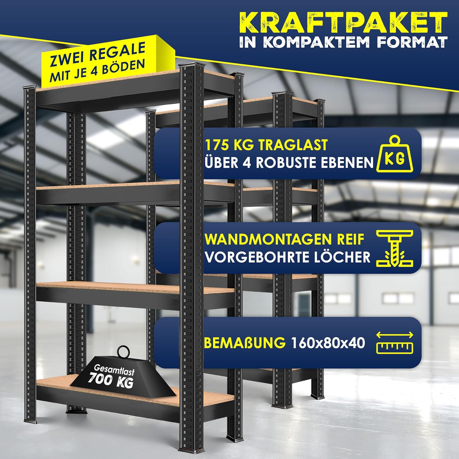 MASKO® 2er-Set Lagerregal Schwerlastregal, Kellerregal, 160 x 80 x 40 cm, bis 700kg belastbar, 4 verstellbare Ablagen, MDF-Platten Regal aus Metall, Steckregal, Werkstattregal, Keller, Garage Schwarz — Ansicht 3