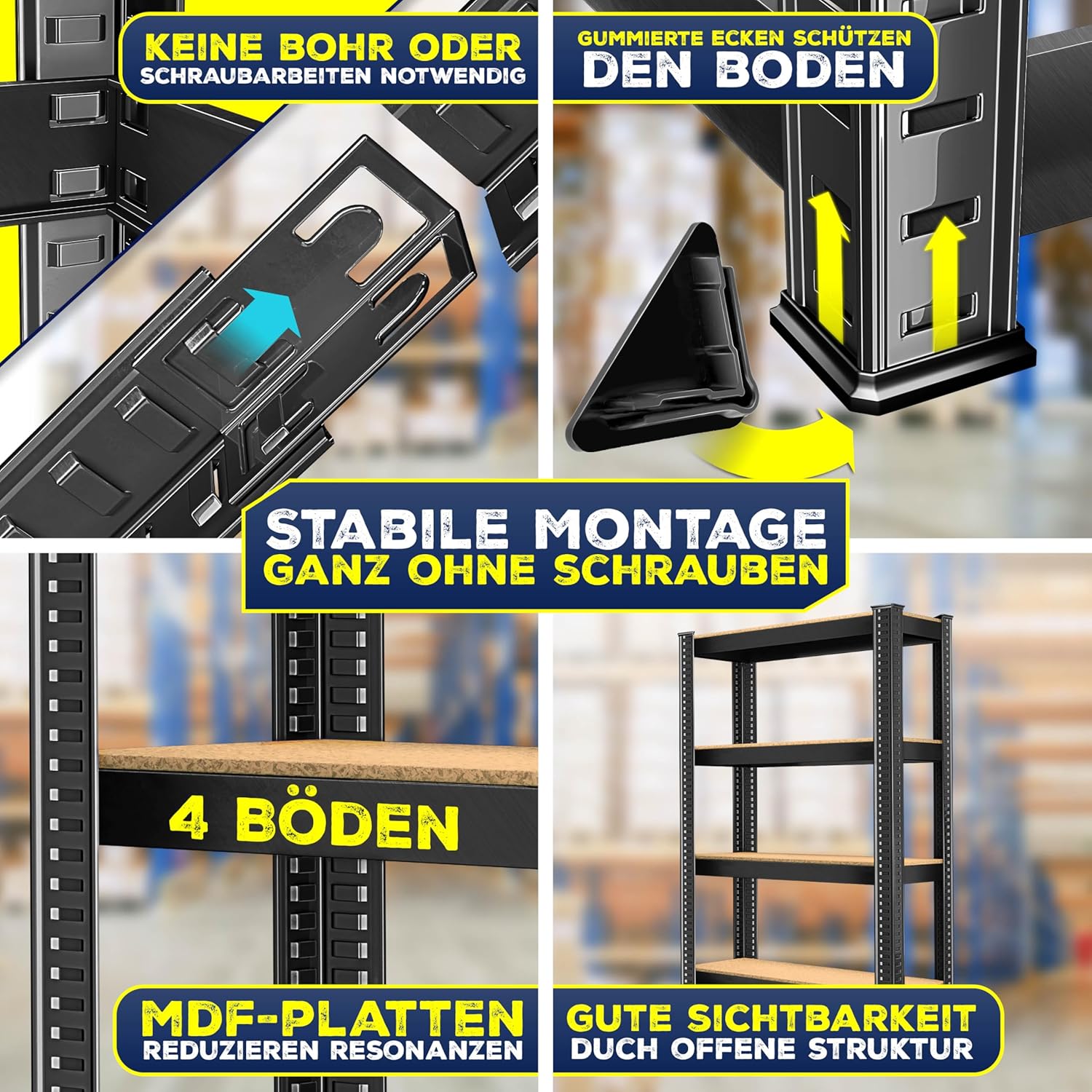 MASKO® 2er-Set Lagerregal Schwerlastregal, Kellerregal, 160 x 80 x 40 cm, bis 700kg belastbar, 4 verstellbare Ablagen, MDF-Platten Regal aus Metall, Steckregal, Werkstattregal, Keller, Garage Schwarz — Ansicht 4