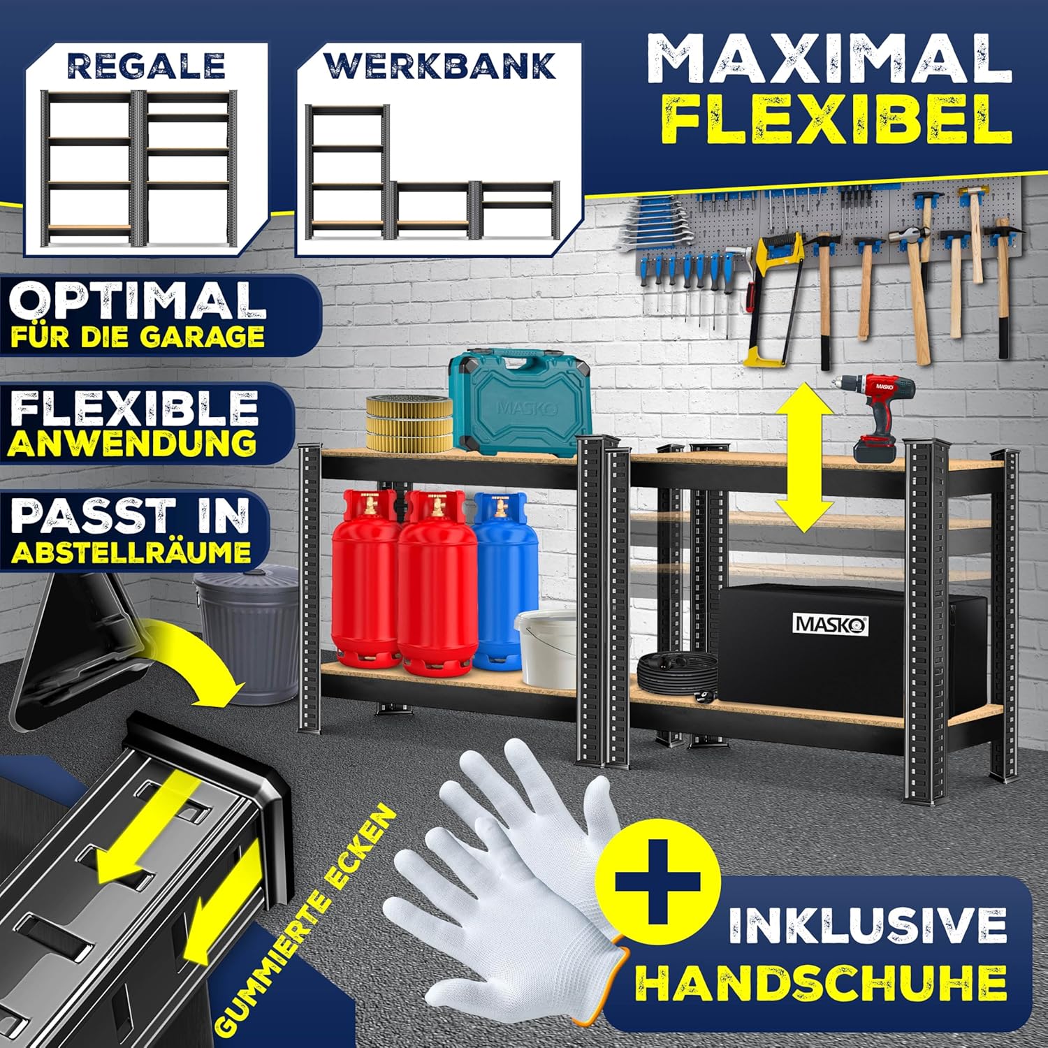 MASKO® 2er-Set Lagerregal Schwerlastregal, Kellerregal, 160 x 80 x 40 cm, bis 700kg belastbar, 4 verstellbare Ablagen, MDF-Platten Regal aus Metall, Steckregal, Werkstattregal, Keller, Garage Schwarz — Ansicht 5