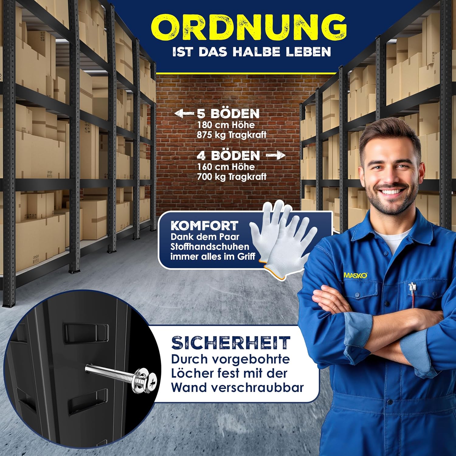 MASKO® 2er-Set Lagerregal Schwerlastregal, Kellerregal, 160 x 80 x 40 cm, bis 700kg belastbar, 4 verstellbare Ablagen, MDF-Platten Regal aus Metall, Steckregal, Werkstattregal, Keller, Garage Schwarz — Ansicht 6