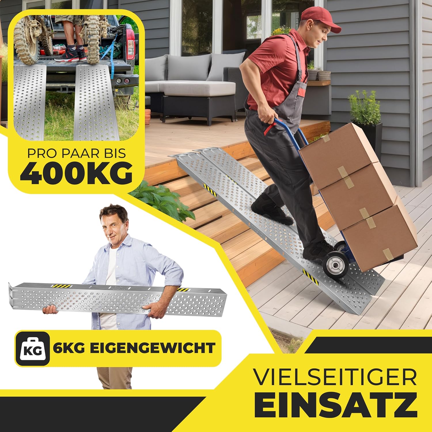 MASKO® 2X Auffahrrampe | Verladerampe | Verladeschiene | verzinkter Stahl | Antirutsch | 200kg* Pro Stück | Max 400kg* Pro Paar | Motorrad ATV Quad PKW Auto Laderampe | Anhängerrampe — Ansicht 3