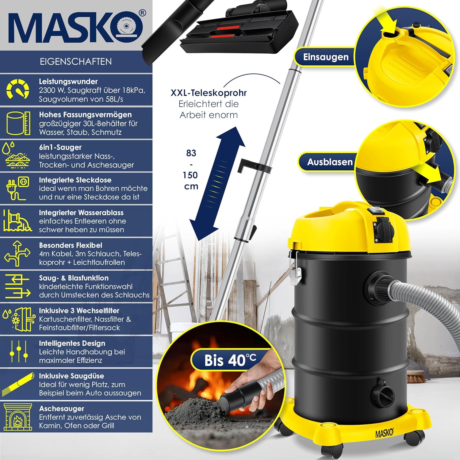 MASKO® 6IN1 Industriestaubsauger Staubsauger Nass Trocken Sauge Aschesauger 2300W + Steckdose✓ Blasfunktion ✓ Trocken-Saugen & Nass-Saugen | Industrie-Sauger mit & ohne Beutel | beutellos, Gelb — Ansicht 2