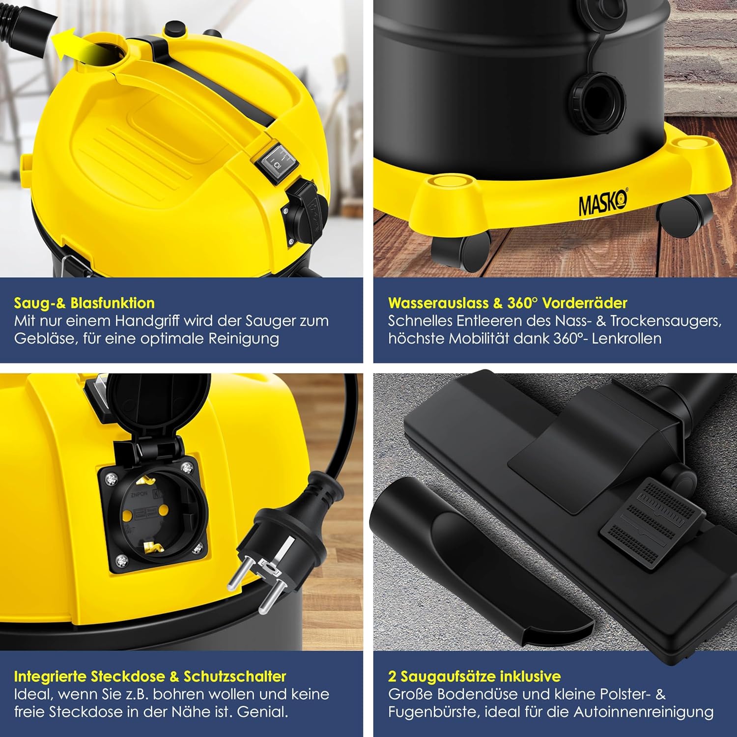 MASKO® 6IN1 Industriestaubsauger Staubsauger Nass Trocken Sauge Aschesauger 2300W + Steckdose✓ Blasfunktion ✓ Trocken-Saugen & Nass-Saugen | Industrie-Sauger mit & ohne Beutel | beutellos, Gelb — Ansicht 3