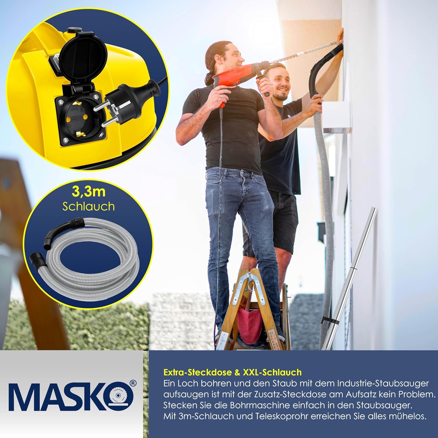 MASKO® 6IN1 Industriestaubsauger Staubsauger Nass Trocken Sauge Aschesauger 2300W + Steckdose✓ Blasfunktion ✓ Trocken-Saugen & Nass-Saugen | Industrie-Sauger mit & ohne Beutel | beutellos, Gelb — Ansicht 4