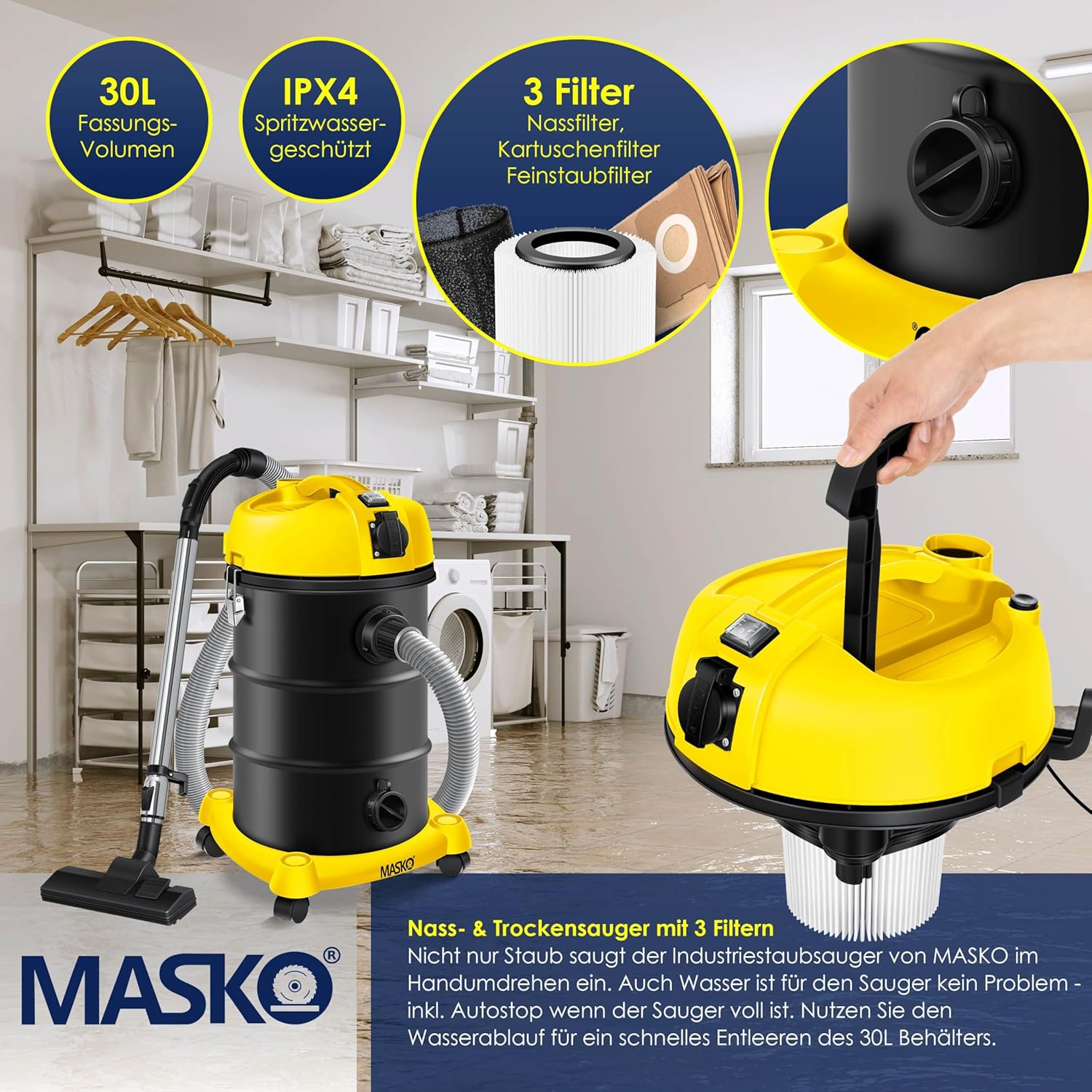 MASKO® 6IN1 Industriestaubsauger Staubsauger Nass Trocken Sauge Aschesauger 2300W + Steckdose✓ Blasfunktion ✓ Trocken-Saugen & Nass-Saugen | Industrie-Sauger mit & ohne Beutel | beutellos, Gelb — Ansicht 5