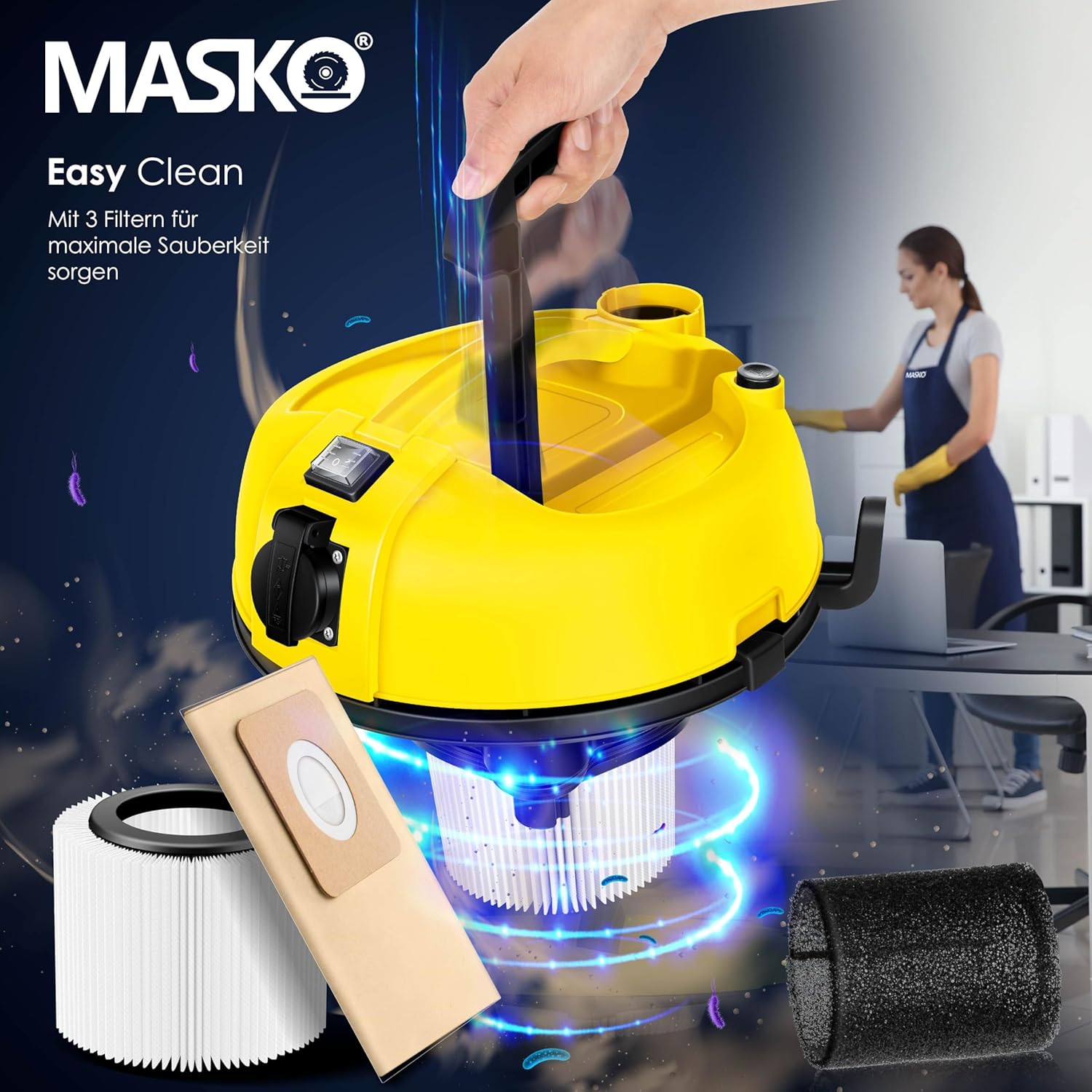 MASKO® 6IN1 Industriestaubsauger Staubsauger Nass Trocken Sauge Aschesauger 2300W + Steckdose✓ Blasfunktion ✓ Trocken-Saugen & Nass-Saugen | Industrie-Sauger mit & ohne Beutel | beutellos, Gelb — Ansicht 6