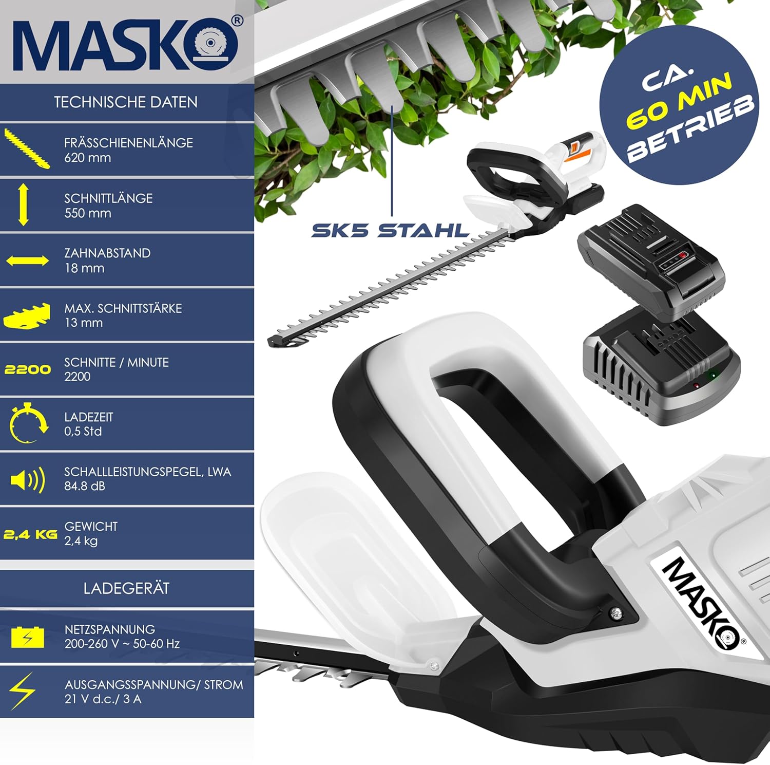 MASKO® Akku Heckenschere Profi Hecken & Strauchschere 57cm Schnittlänge Inkl. Handschuhe, Schutzhülle & 21V Akku 2,0 Ah mit Ladegerät, 27mm Zahnabstand Dual Schnittklingen Verstellbarer Griff Weiß — Ansicht 2
