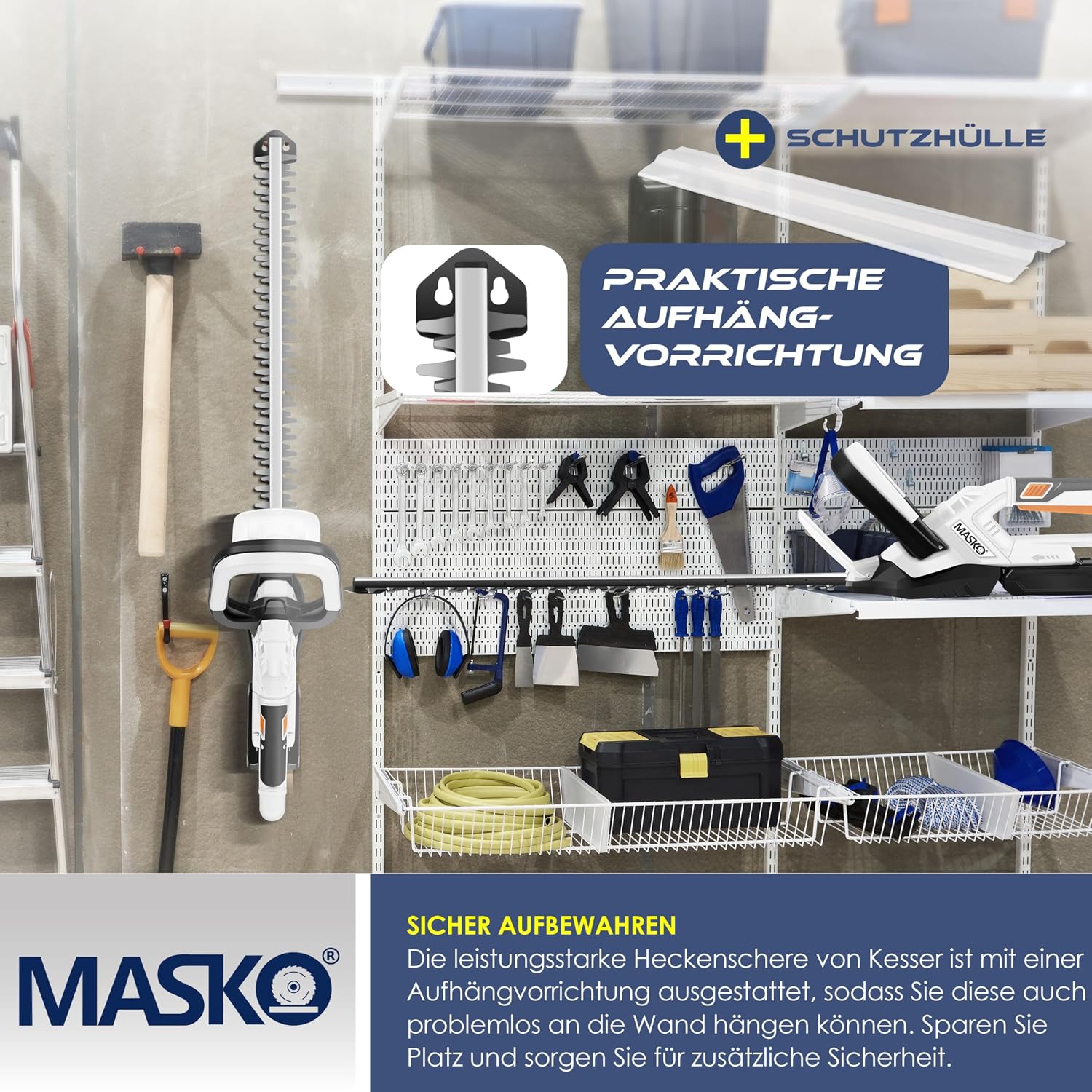 MASKO® Akku Heckenschere Profi Hecken & Strauchschere 57cm Schnittlänge Inkl. Handschuhe, Schutzhülle & 21V Akku 2,0 Ah mit Ladegerät, 27mm Zahnabstand Dual Schnittklingen Verstellbarer Griff Weiß — Ansicht 3