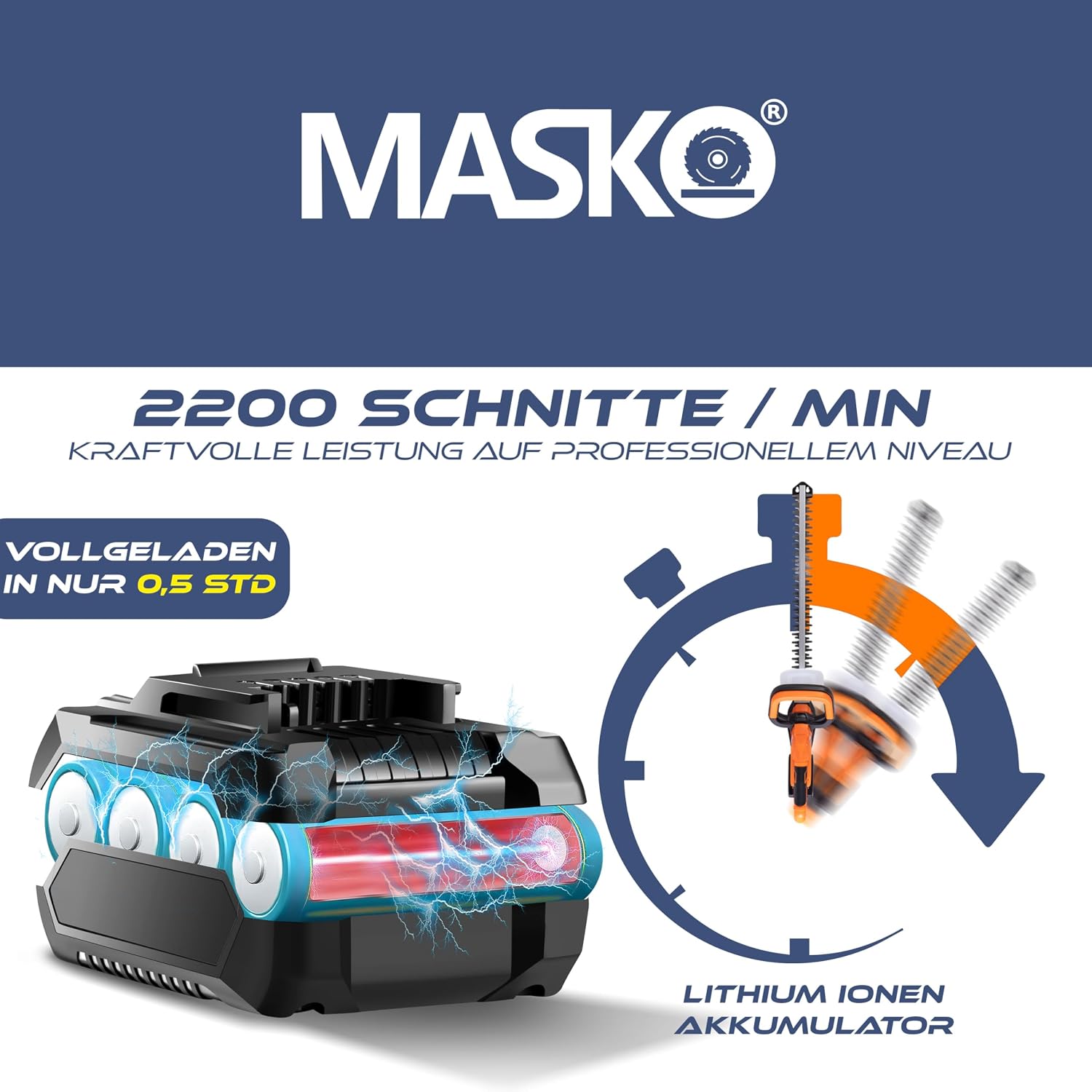 MASKO® Akku Heckenschere Profi Hecken & Strauchschere 57cm Schnittlänge Inkl. Handschuhe, Schutzhülle & 21V Akku 2,0 Ah mit Ladegerät, 27mm Zahnabstand Dual Schnittklingen Verstellbarer Griff Weiß — Ansicht 4