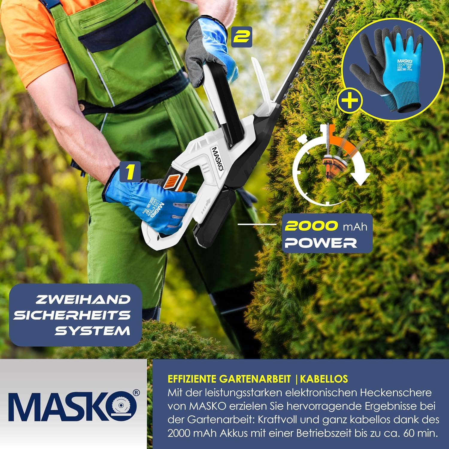 MASKO® Akku Heckenschere Profi Hecken & Strauchschere 57cm Schnittlänge Inkl. Handschuhe, Schutzhülle & 21V Akku 2,0 Ah mit Ladegerät, 27mm Zahnabstand Dual Schnittklingen Verstellbarer Griff Weiß — Ansicht 5