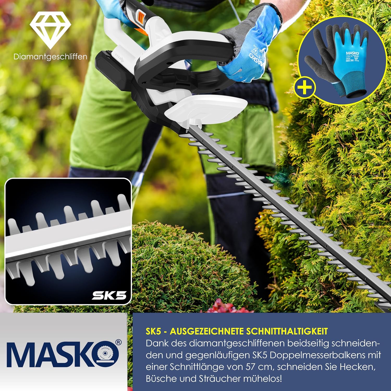 MASKO® Akku Heckenschere Profi Hecken & Strauchschere 57cm Schnittlänge Inkl. Handschuhe, Schutzhülle & 21V Akku 2,0 Ah mit Ladegerät, 27mm Zahnabstand Dual Schnittklingen Verstellbarer Griff Weiß — Ansicht 6