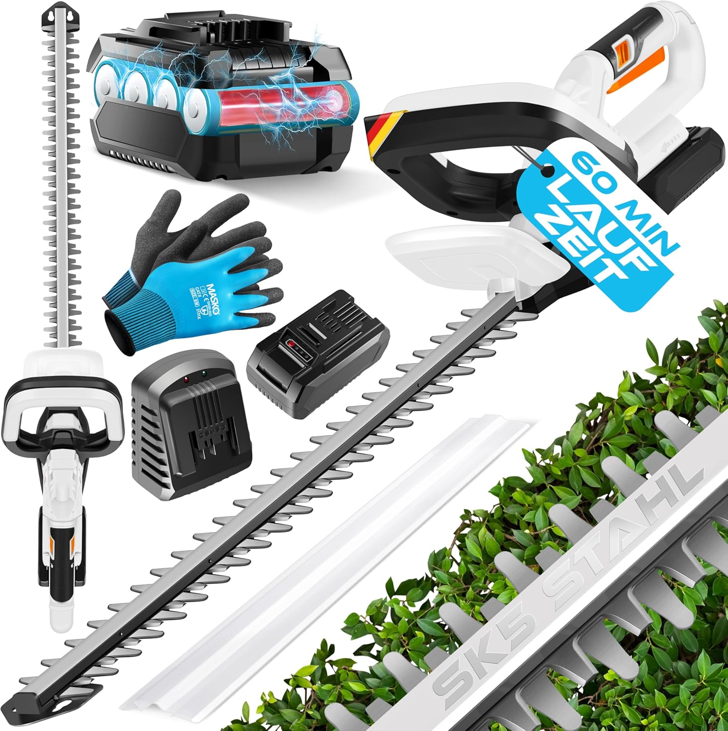 MASKO® Akku Heckenschere Profi Hecken & Strauchschere 57cm Schnittlänge Inkl. Handschuhe, Schutzhülle & 21V Akku 2,0 Ah mit Ladegerät, 27mm Zahnabstand Dual Schnittklingen Verstellbarer Griff Weiß