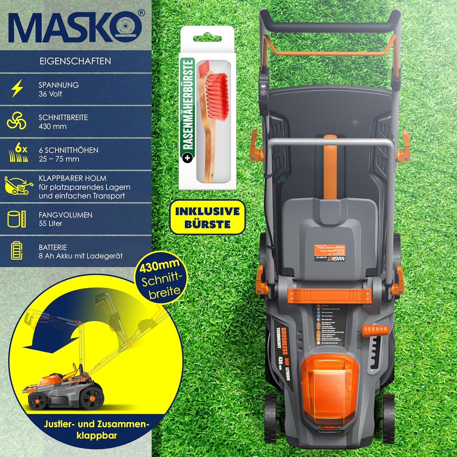 MASKO® Akku Rasenmäher mit Mulchfunktion, 2X Akkus Li-Ion Batterie 4Ah & Doppel-Ladegerät Rasentrimmer 43cm Schnitt-Breite 6X Höhenverstellbar 55L Fangkorb Flächen bis 650m2 inkl. Handschuhe & Bürste — Ansicht 2
