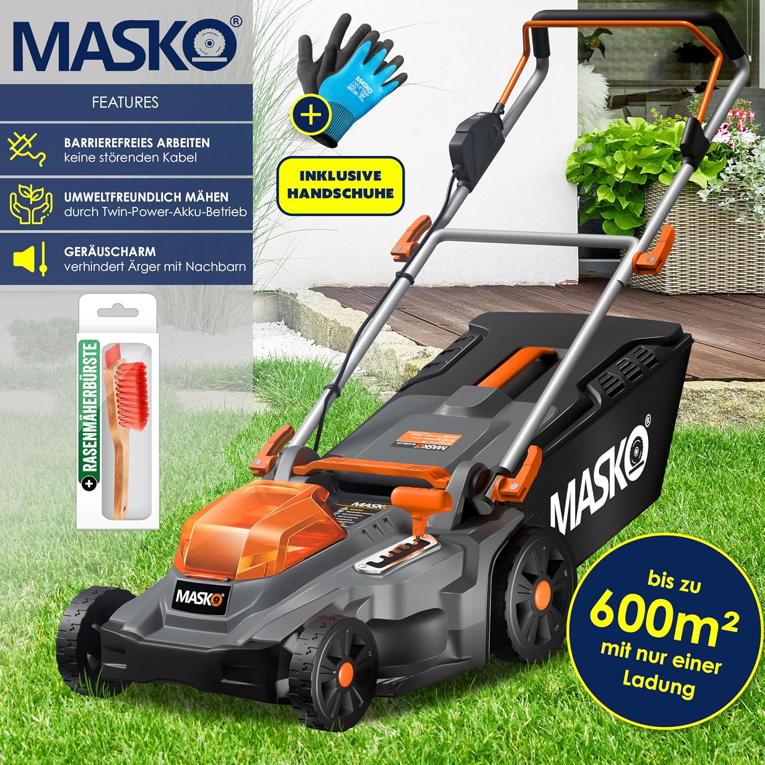 MASKO® Akku Rasenmäher mit Mulchfunktion, 2X Akkus Li-Ion Batterie 4Ah & Doppel-Ladegerät Rasentrimmer 43cm Schnitt-Breite 6X Höhenverstellbar 55L Fangkorb Flächen bis 650m2 inkl. Handschuhe & Bürste — Ansicht 3