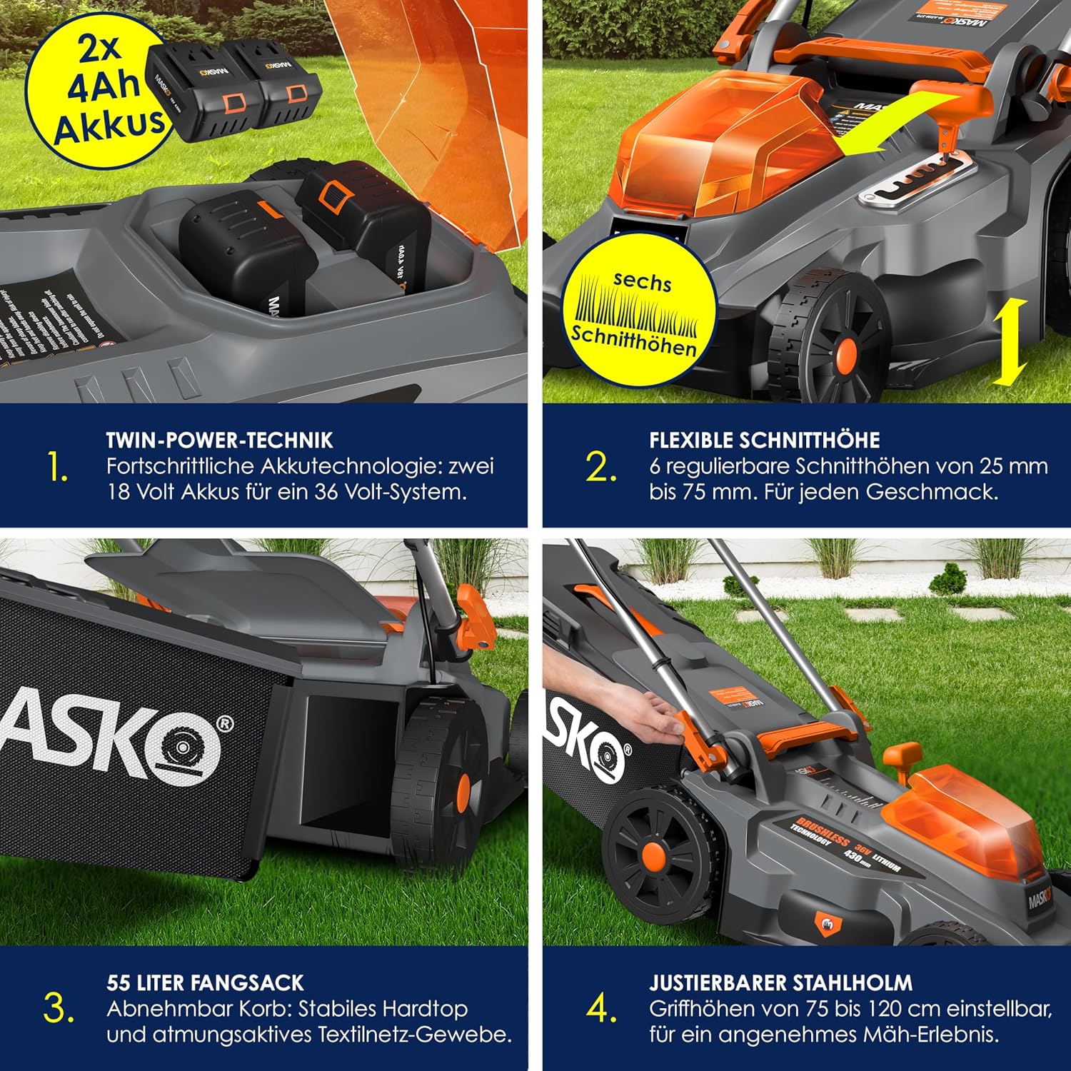 MASKO® Akku Rasenmäher mit Mulchfunktion, 2X Akkus Li-Ion Batterie 4Ah & Doppel-Ladegerät Rasentrimmer 43cm Schnitt-Breite 6X Höhenverstellbar 55L Fangkorb Flächen bis 650m2 inkl. Handschuhe & Bürste — Ansicht 4