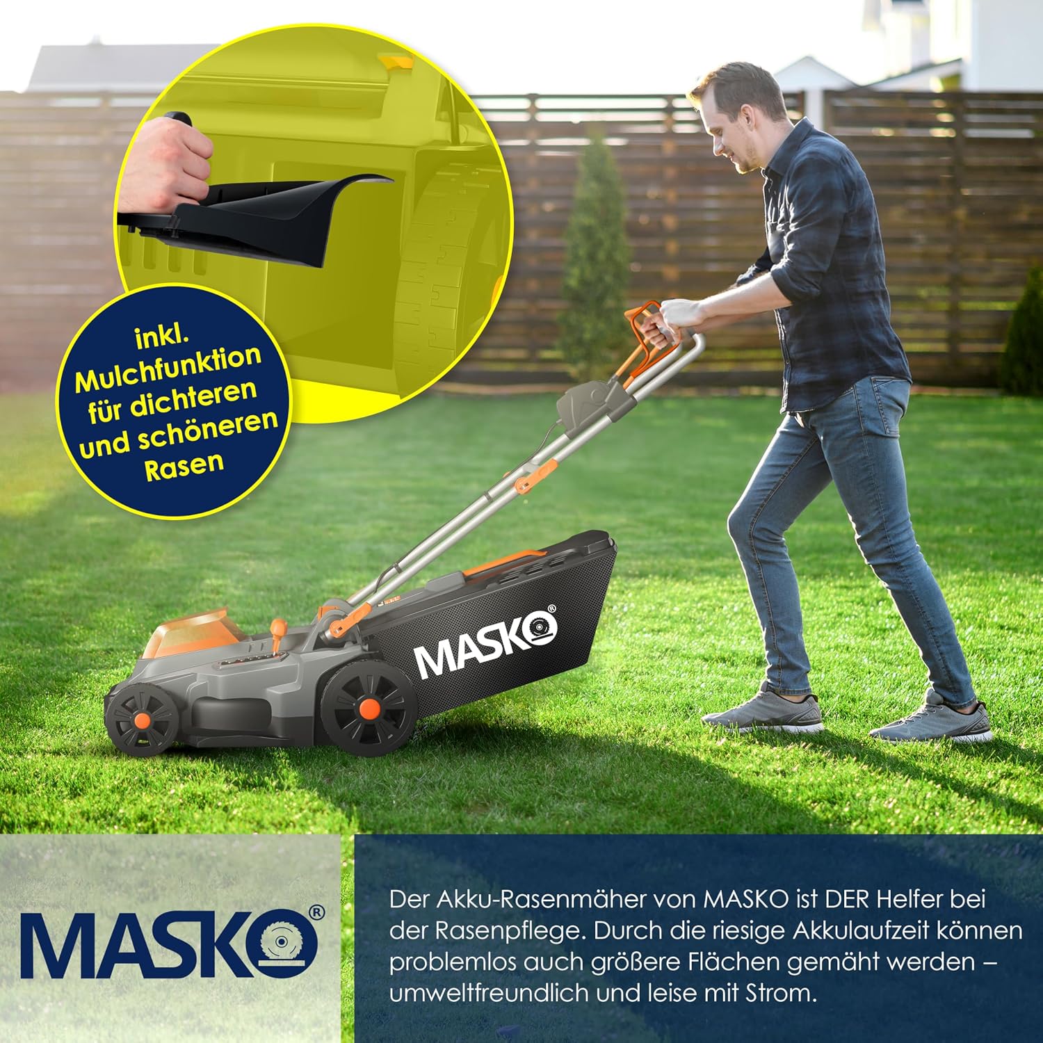 MASKO® Akku Rasenmäher mit Mulchfunktion, 2X Akkus Li-Ion Batterie 4Ah & Doppel-Ladegerät Rasentrimmer 43cm Schnitt-Breite 6X Höhenverstellbar 55L Fangkorb Flächen bis 650m2 inkl. Handschuhe & Bürste — Ansicht 5