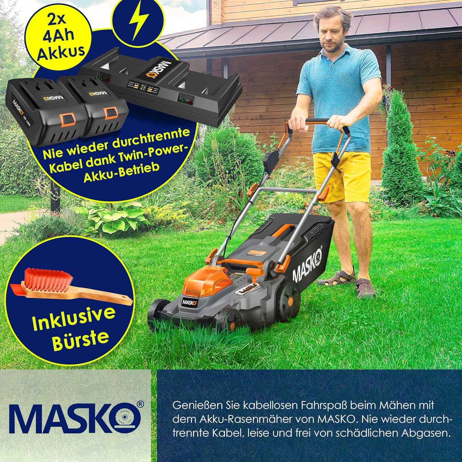 MASKO® Akku Rasenmäher mit Mulchfunktion, 2X Akkus Li-Ion Batterie 4Ah & Doppel-Ladegerät Rasentrimmer 43cm Schnitt-Breite 6X Höhenverstellbar 55L Fangkorb Flächen bis 650m2 inkl. Handschuhe & Bürste — Ansicht 6