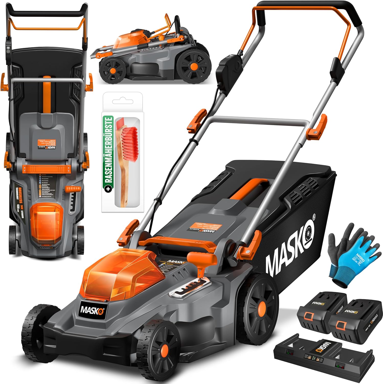 MASKO® Akku Rasenmäher mit Mulchfunktion, 2X Akkus Li-Ion Batterie 4Ah & Doppel-Ladegerät Rasentrimmer 43cm Schnitt-Breite 6X Höhenverstellbar 55L Fangkorb Flächen bis 650m2 inkl. Handschuhe & Bürste