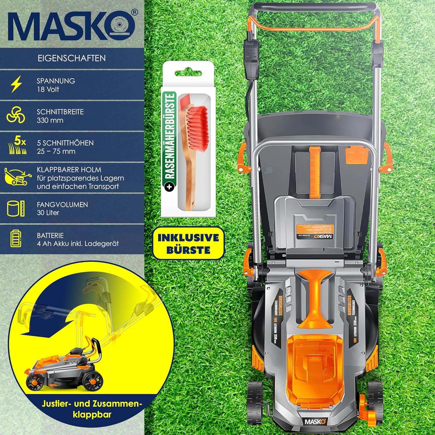 MASKO® Akku Rasenmäher mit Mulchfunktion, Akku Li-Ion Batterie 4Ah & Ladegerät Rasentrimmer 33cm Schnitt-Breite 5X Höhenverstellbar 30L Fangkorb Flächen bis 150m2 inkl. Handschuhe & Bürste — Ansicht 2