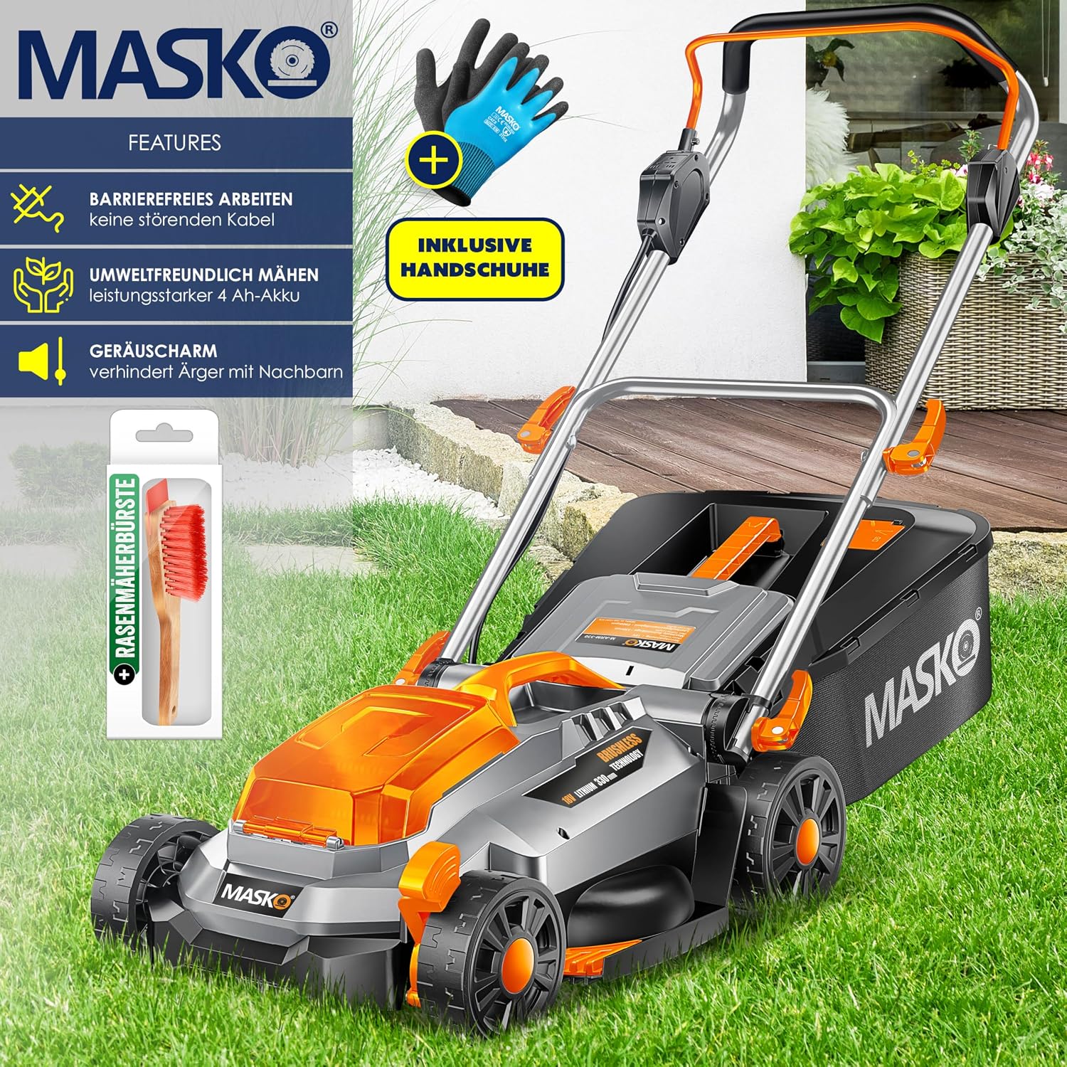 MASKO® Akku Rasenmäher mit Mulchfunktion, Akku Li-Ion Batterie 4Ah & Ladegerät Rasentrimmer 33cm Schnitt-Breite 5X Höhenverstellbar 30L Fangkorb Flächen bis 150m2 inkl. Handschuhe & Bürste — Ansicht 3