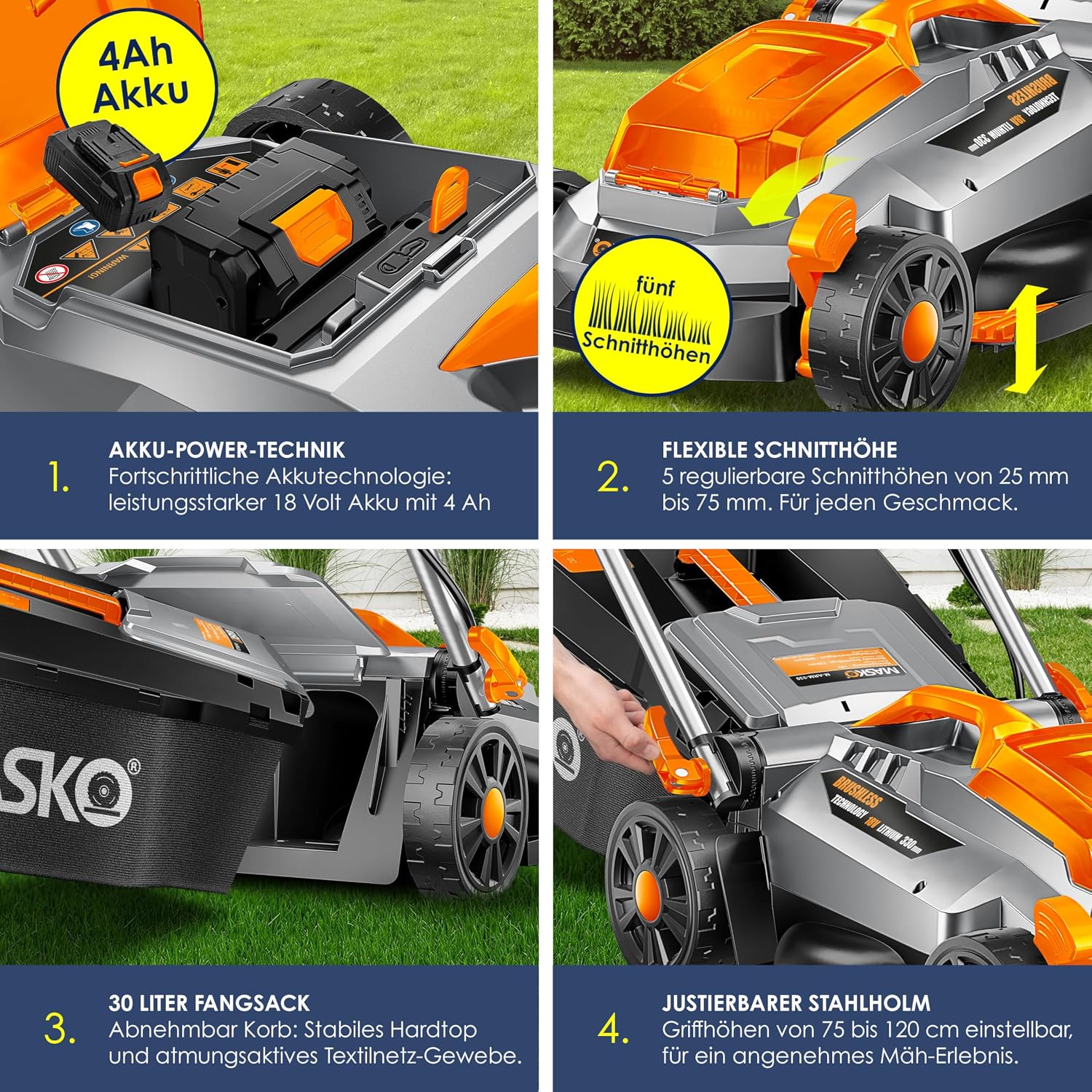 MASKO® Akku Rasenmäher mit Mulchfunktion, Akku Li-Ion Batterie 4Ah & Ladegerät Rasentrimmer 33cm Schnitt-Breite 5X Höhenverstellbar 30L Fangkorb Flächen bis 150m2 inkl. Handschuhe & Bürste — Ansicht 4