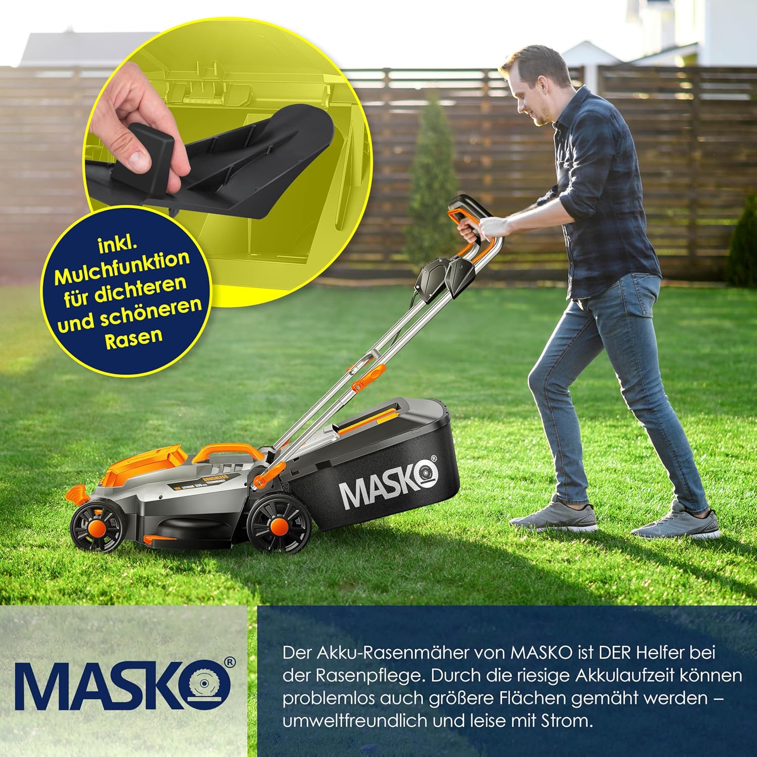 MASKO® Akku Rasenmäher mit Mulchfunktion, Akku Li-Ion Batterie 4Ah & Ladegerät Rasentrimmer 33cm Schnitt-Breite 5X Höhenverstellbar 30L Fangkorb Flächen bis 150m2 inkl. Handschuhe & Bürste — Ansicht 5