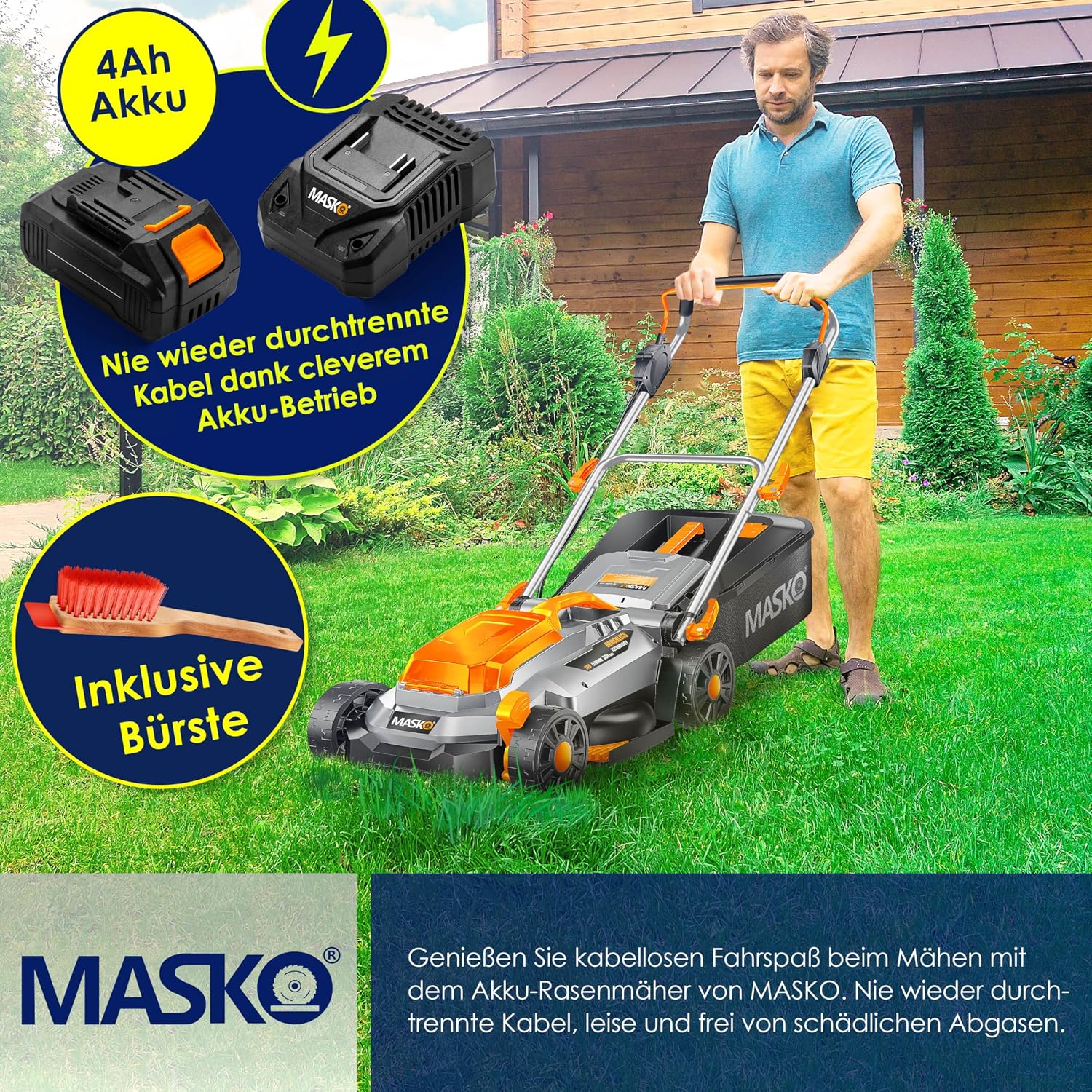 MASKO® Akku Rasenmäher mit Mulchfunktion, Akku Li-Ion Batterie 4Ah & Ladegerät Rasentrimmer 33cm Schnitt-Breite 5X Höhenverstellbar 30L Fangkorb Flächen bis 150m2 inkl. Handschuhe & Bürste — Ansicht 6