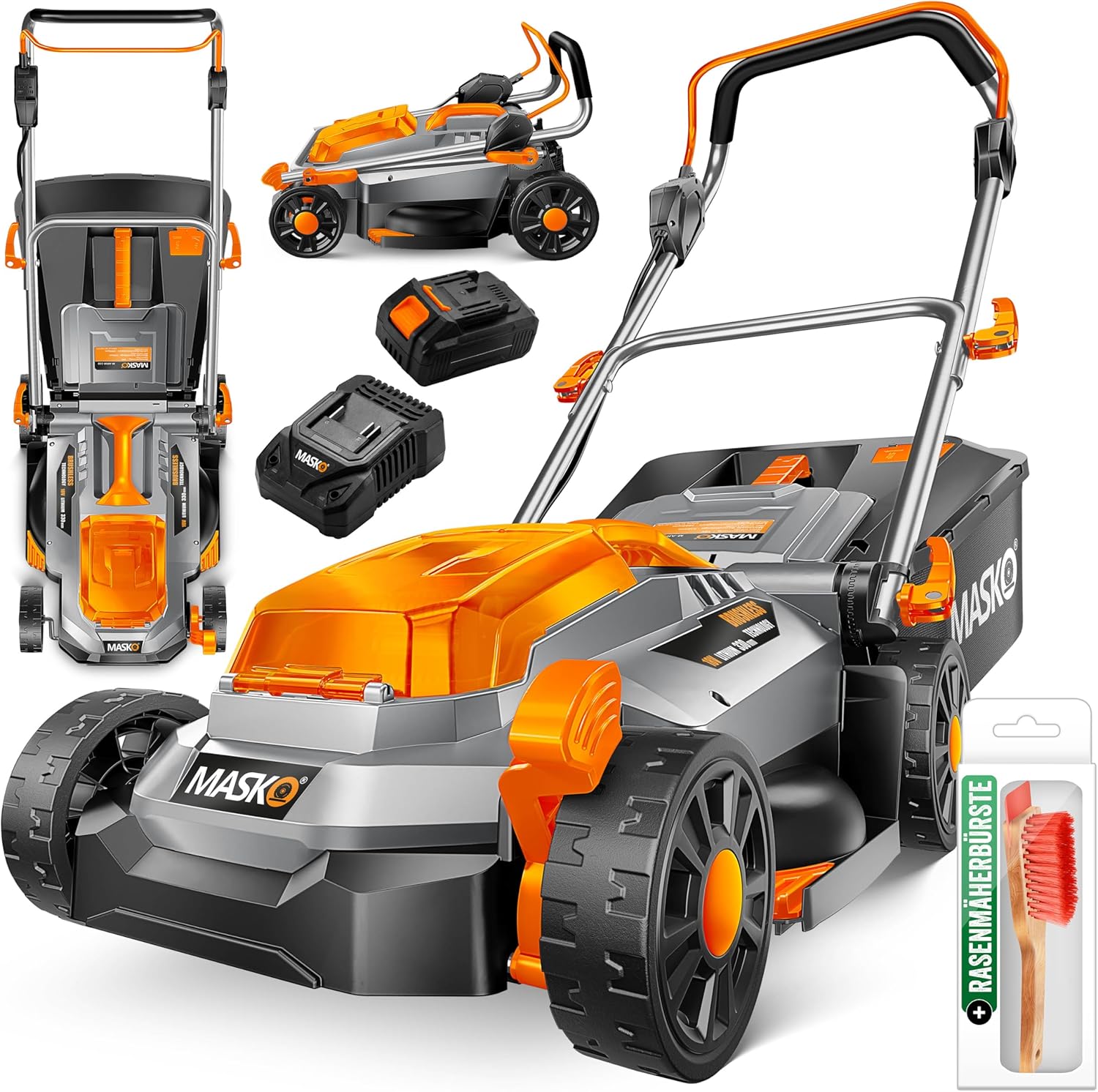 MASKO® Akku Rasenmäher mit Mulchfunktion, Akku Li-Ion Batterie 4Ah & Ladegerät Rasentrimmer 33cm Schnitt-Breite 5X Höhenverstellbar 30L Fangkorb Flächen bis 150m2 inkl. Handschuhe & Bürste