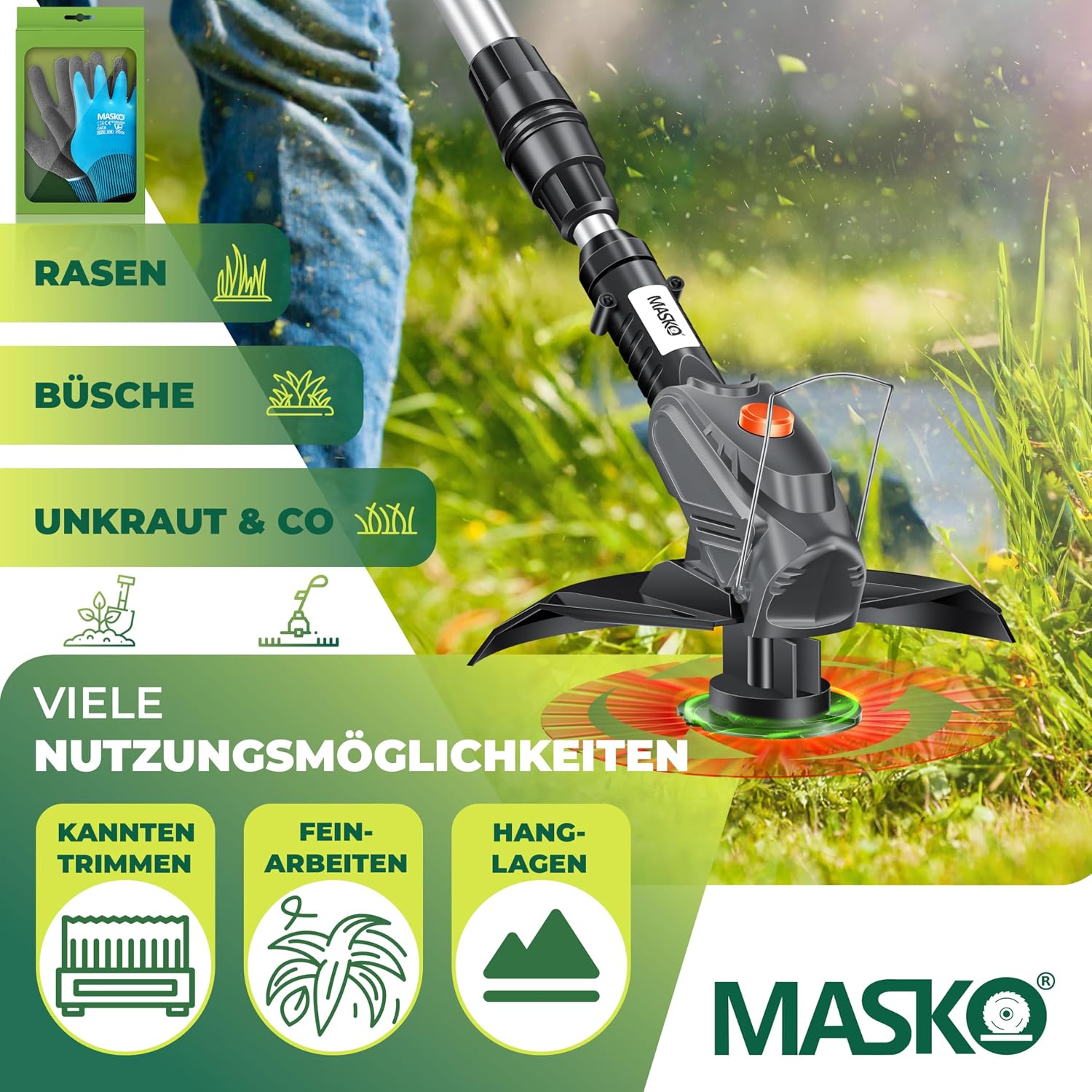 MASKO® Akku-Rasentrimmer mit 20 V Li-Ion Akku, 2,0 Ah Akku und Ladegerät, Motorsense 260mm Schnittbreite, 180° Trimmwinkel, Teleskop-Stiel & Zusatzhandgriff, inkl. 20 Nylonklinge & Handschuhe — Ansicht 2
