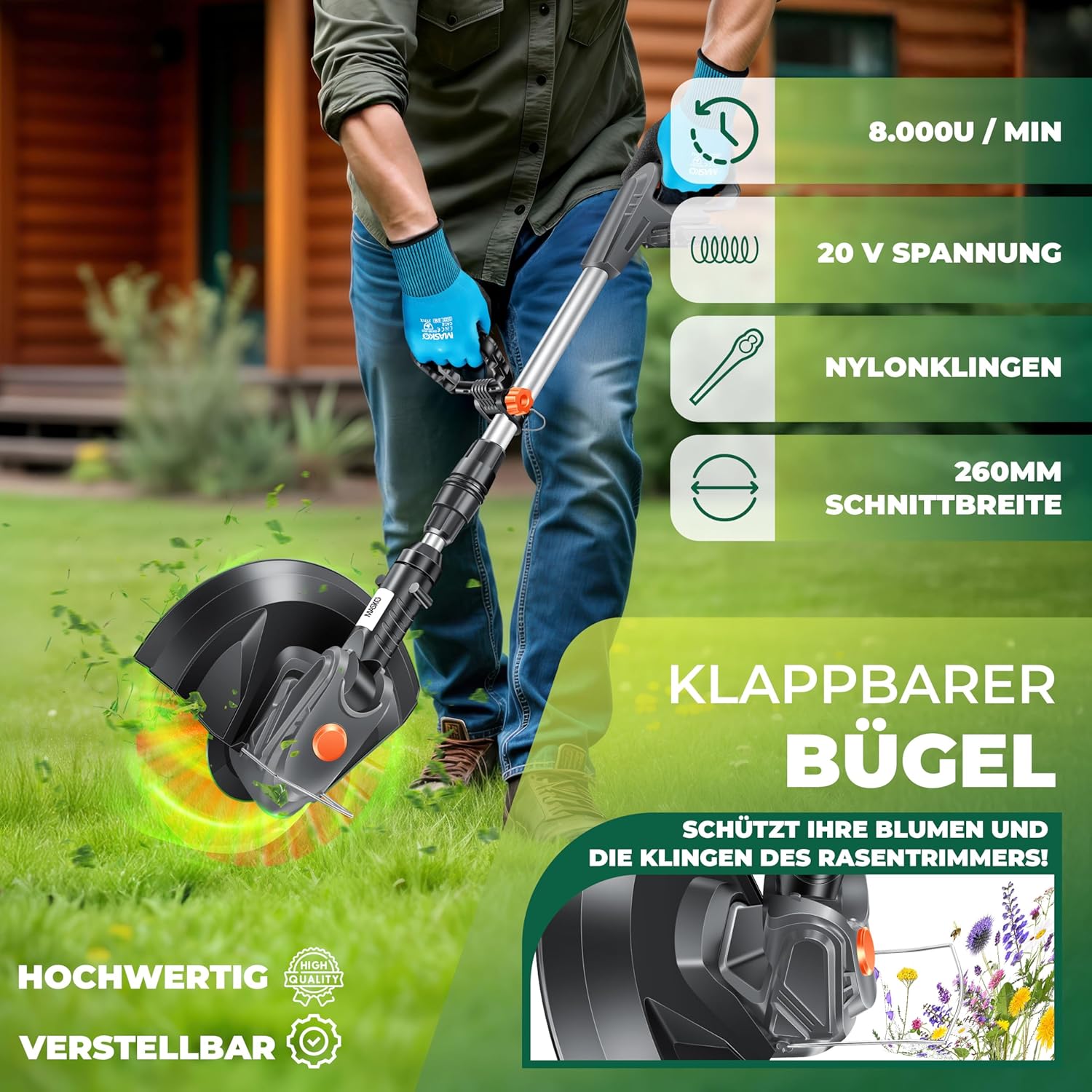 MASKO® Akku-Rasentrimmer mit 20 V Li-Ion Akku, 2,0 Ah Akku und Ladegerät, Motorsense 260mm Schnittbreite, 180° Trimmwinkel, Teleskop-Stiel & Zusatzhandgriff, inkl. 20 Nylonklinge & Handschuhe — Ansicht 3