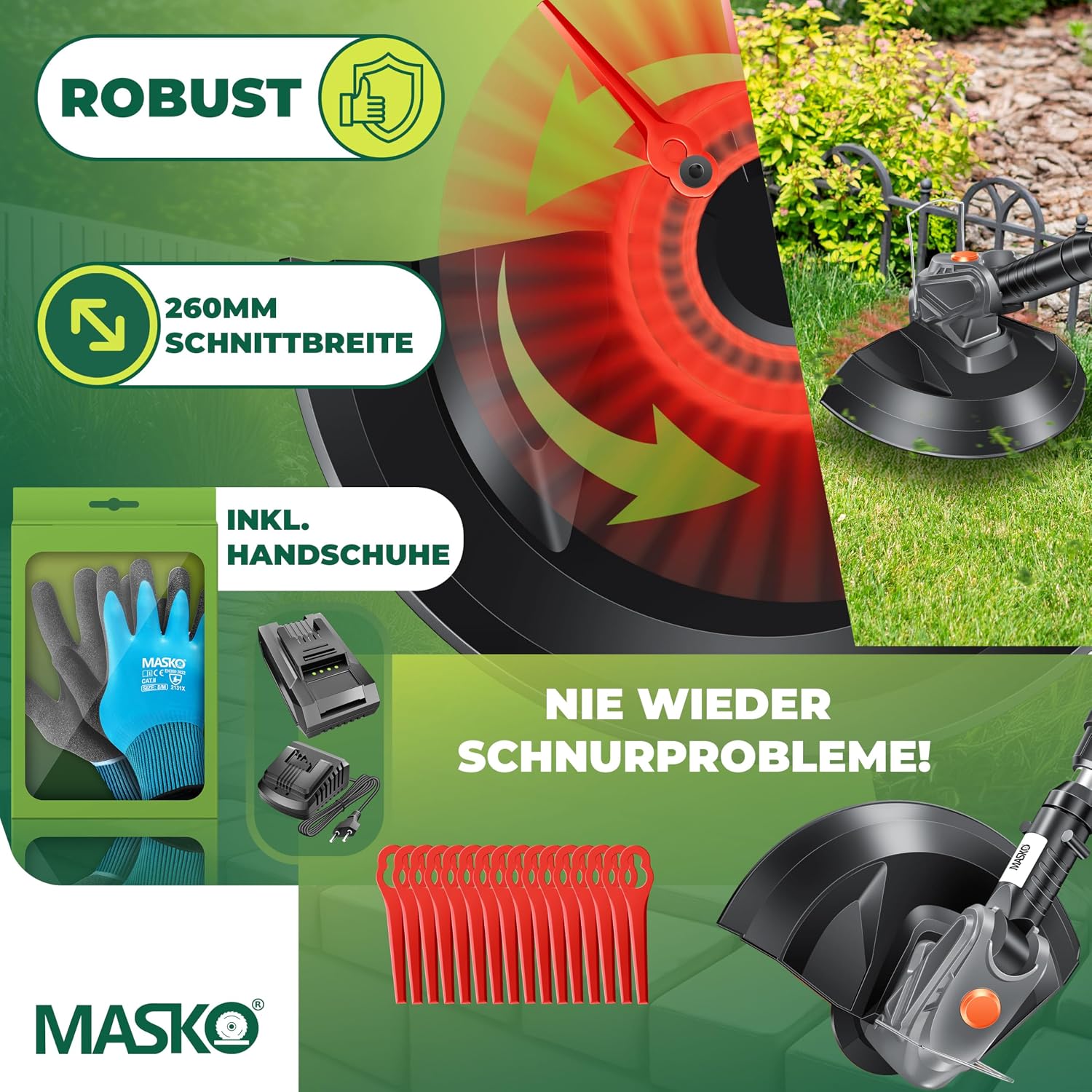MASKO® Akku-Rasentrimmer mit 20 V Li-Ion Akku, 2,0 Ah Akku und Ladegerät, Motorsense 260mm Schnittbreite, 180° Trimmwinkel, Teleskop-Stiel & Zusatzhandgriff, inkl. 20 Nylonklinge & Handschuhe — Ansicht 4