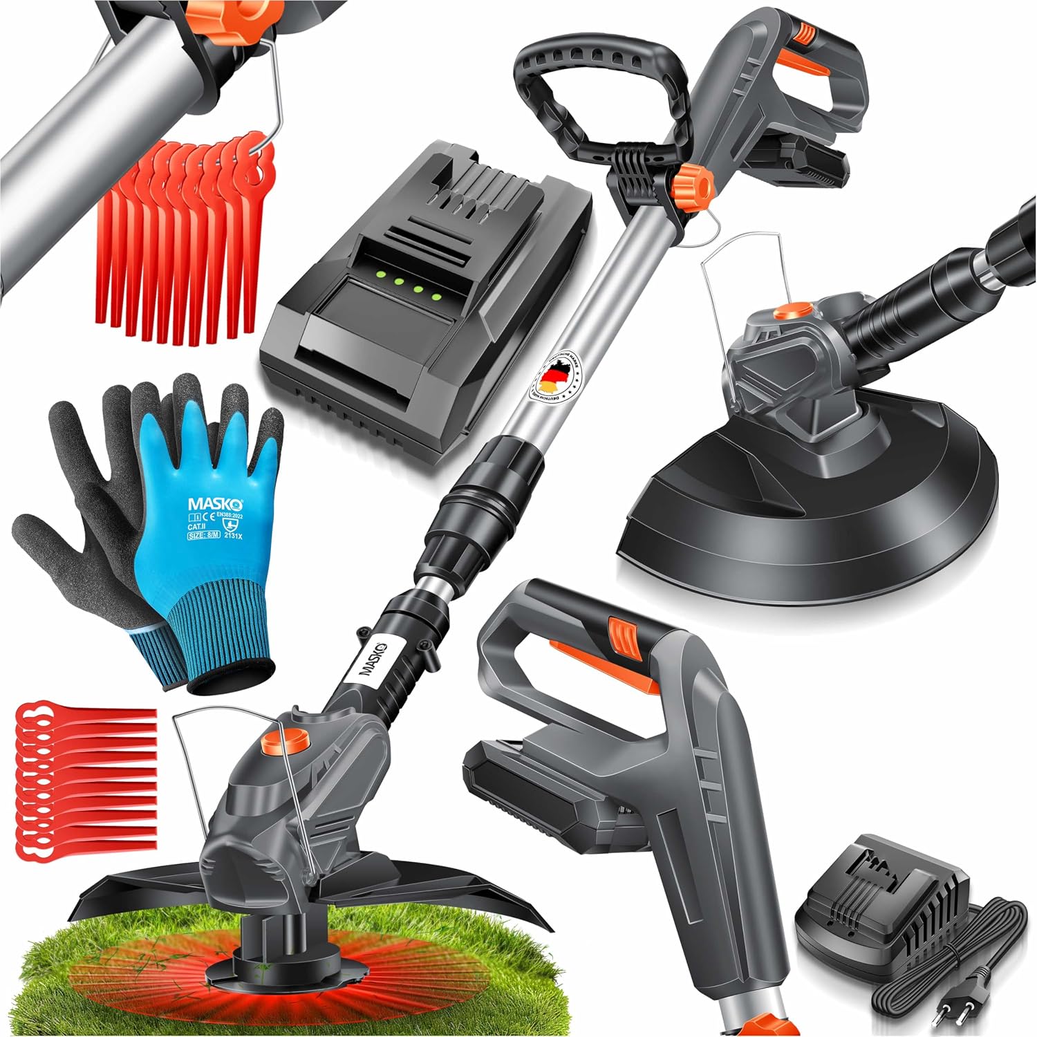 MASKO® Akku-Rasentrimmer mit 20 V Li-Ion Akku, 2,0 Ah Akku und Ladegerät, Motorsense 260mm Schnittbreite, 180° Trimmwinkel, Teleskop-Stiel & Zusatzhandgriff, inkl. 20 Nylonklinge & Handschuhe