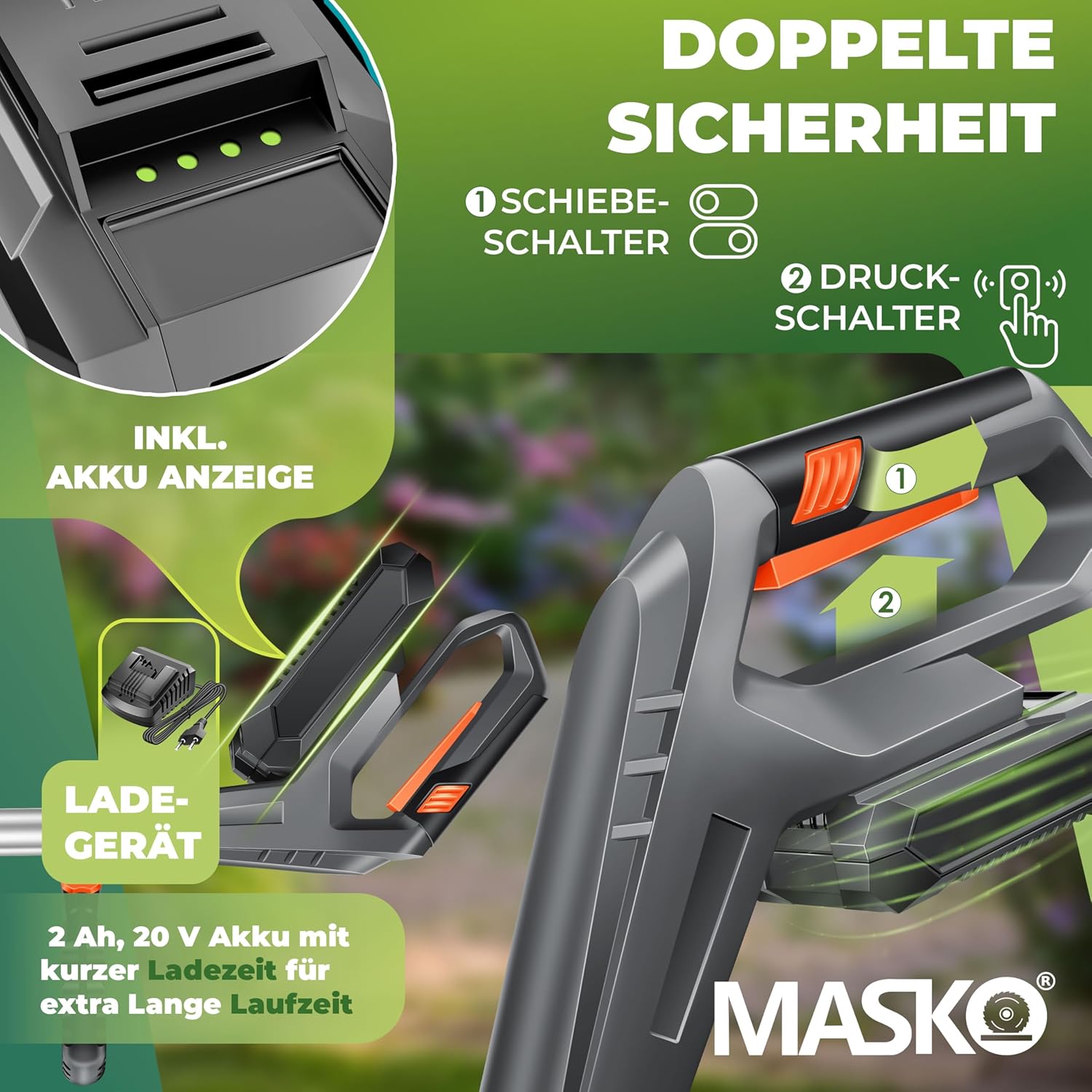 MASKO® Akku-Rasentrimmer mit 20 V Li-Ion Akku, 2,0 Ah Akku und Ladegerät, Motorsense 260mm Schnittbreite, 180° Trimmwinkel, Teleskop-Stiel & Zusatzhandgriff, inkl. 20 Nylonklinge & Handschuhe — Ansicht 5