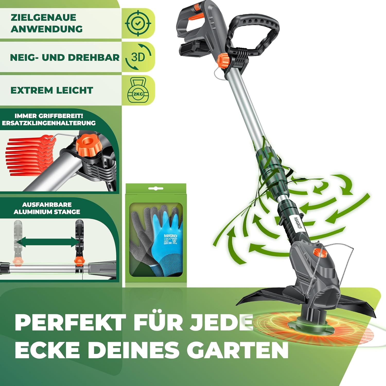 MASKO® Akku-Rasentrimmer mit 20 V Li-Ion Akku, 2,0 Ah Akku und Ladegerät, Motorsense 260mm Schnittbreite, 180° Trimmwinkel, Teleskop-Stiel & Zusatzhandgriff, inkl. 20 Nylonklinge & Handschuhe — Ansicht 6