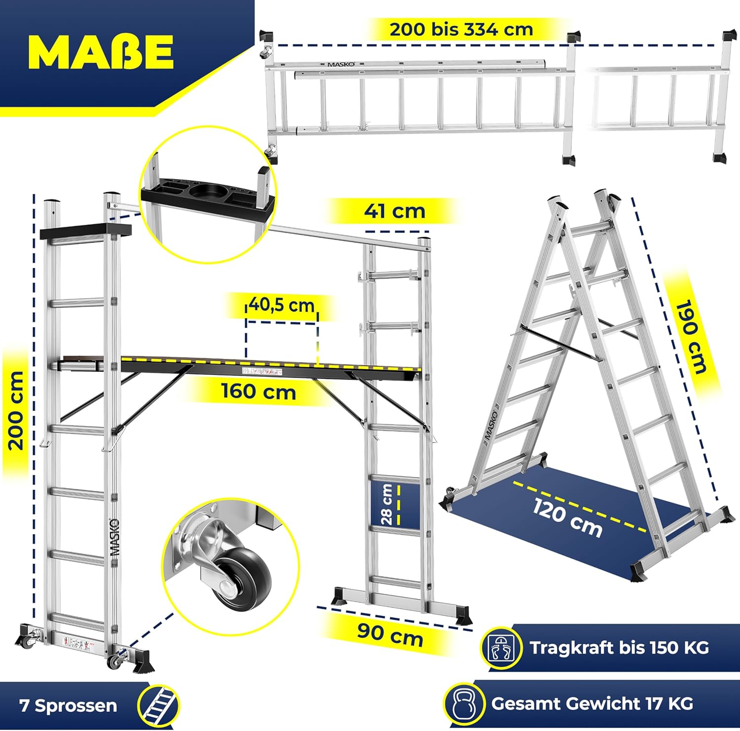 MASKO® Alugerüst 4in1, Baugerüst, Arbeitsgerüst & Gerüstleiter, Mehrzweckleiter als Anlegeleiter, Treppenleiter & Arbeitsbühne, bis 150kg belastbar, Anti-Rutsch beschichtet, GS geprüft EN131 + Ablage — Ansicht 2