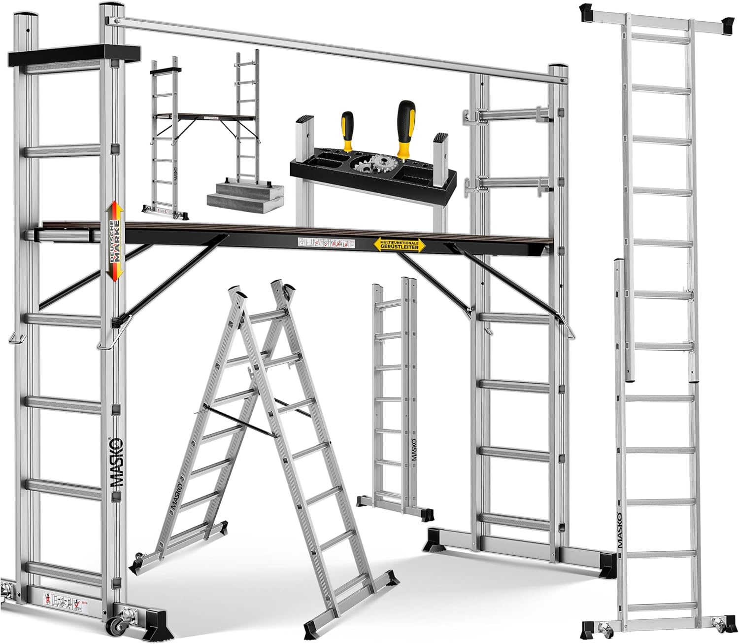 MASKO® Alugerüst 4in1, Baugerüst, Arbeitsgerüst & Gerüstleiter, Mehrzweckleiter als Anlegeleiter, Treppenleiter & Arbeitsbühne, bis 150kg belastbar, Anti-Rutsch beschichtet, GS geprüft EN131 + Ablage