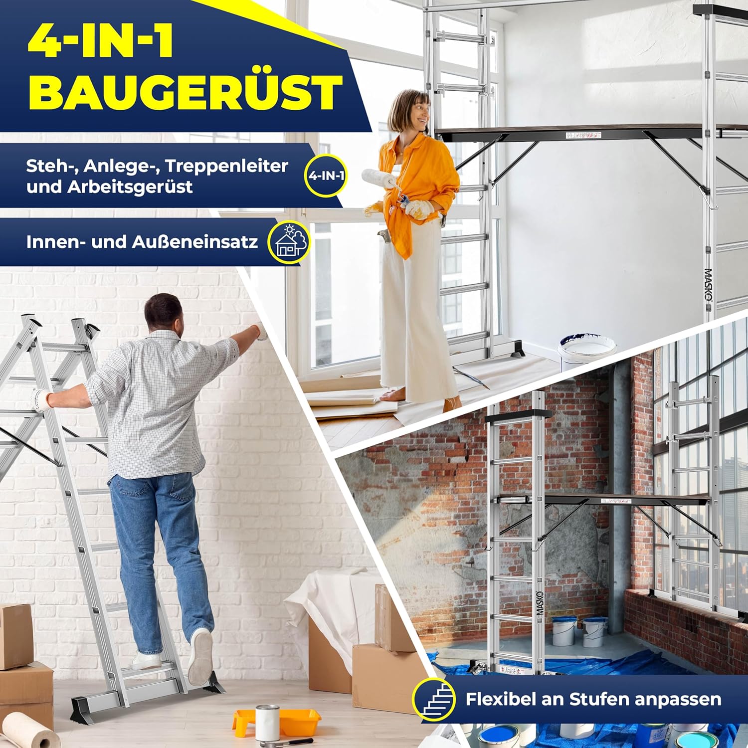 MASKO® Alugerüst 4in1, Baugerüst, Arbeitsgerüst & Gerüstleiter, Mehrzweckleiter als Anlegeleiter, Treppenleiter & Arbeitsbühne, bis 150kg belastbar, Anti-Rutsch beschichtet, GS geprüft EN131 + Ablage — Ansicht 3