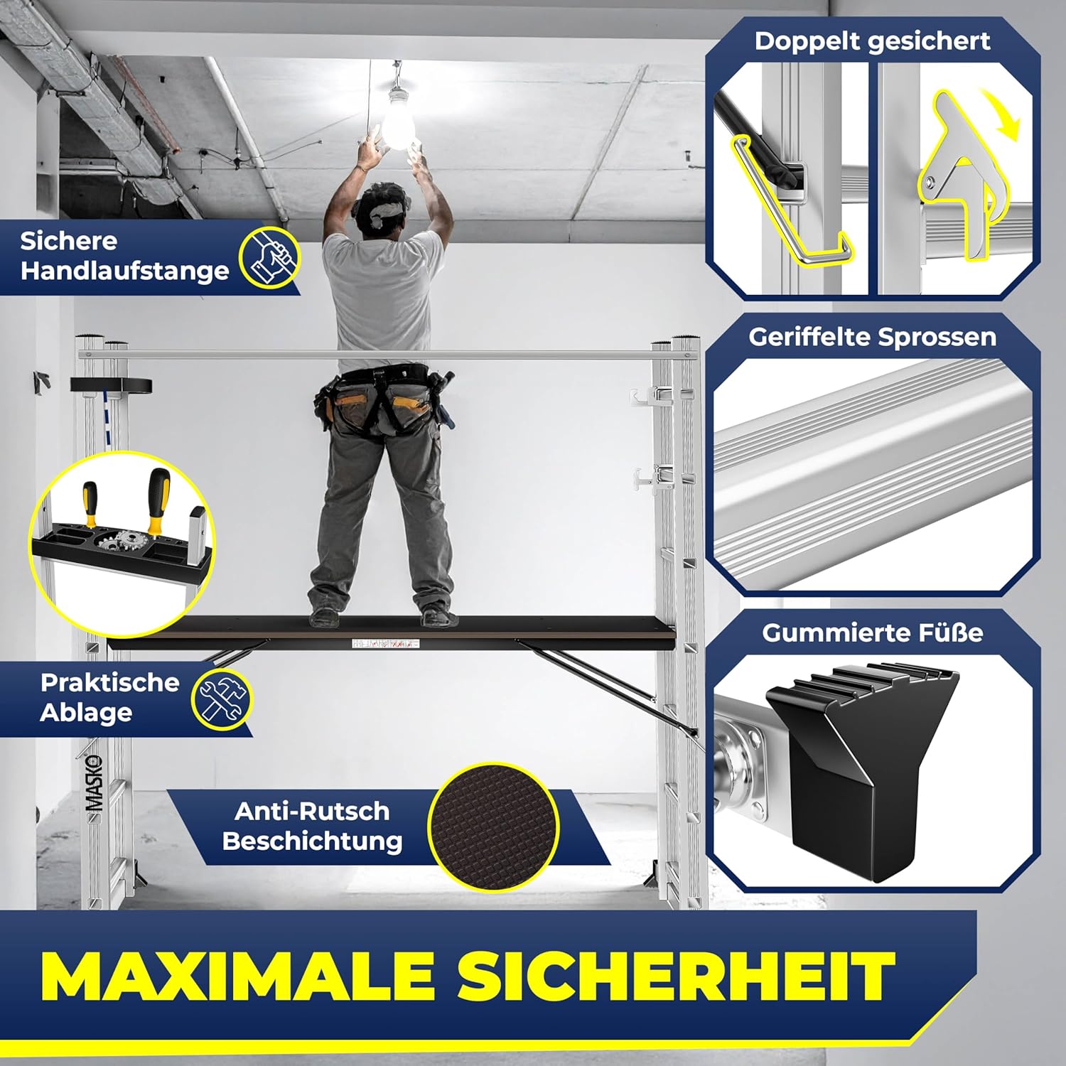 MASKO® Alugerüst 4in1, Baugerüst, Arbeitsgerüst & Gerüstleiter, Mehrzweckleiter als Anlegeleiter, Treppenleiter & Arbeitsbühne, bis 150kg belastbar, Anti-Rutsch beschichtet, GS geprüft EN131 + Ablage — Ansicht 4