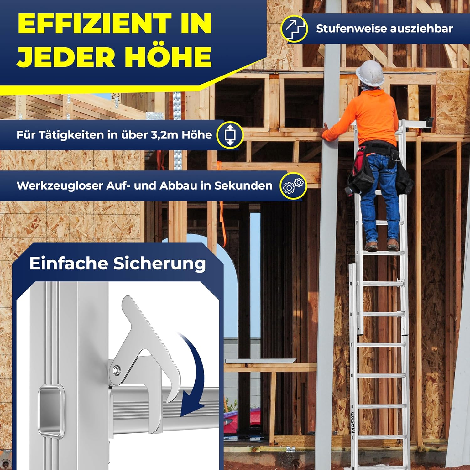 MASKO® Alugerüst 4in1, Baugerüst, Arbeitsgerüst & Gerüstleiter, Mehrzweckleiter als Anlegeleiter, Treppenleiter & Arbeitsbühne, bis 150kg belastbar, Anti-Rutsch beschichtet, GS geprüft EN131 + Ablage — Ansicht 5