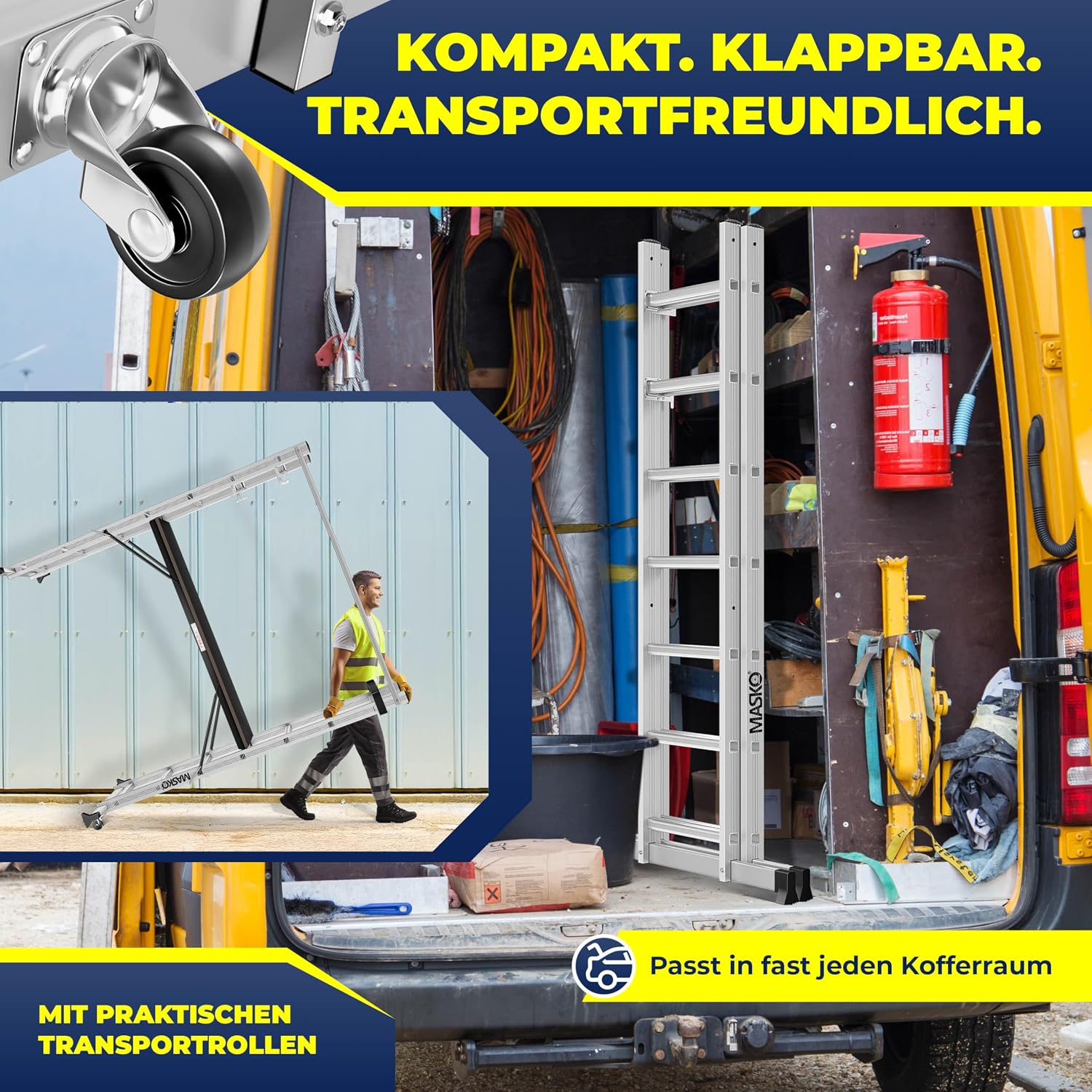 MASKO® Alugerüst 4in1, Baugerüst, Arbeitsgerüst & Gerüstleiter, Mehrzweckleiter als Anlegeleiter, Treppenleiter & Arbeitsbühne, bis 150kg belastbar, Anti-Rutsch beschichtet, GS geprüft EN131 + Ablage — Ansicht 6