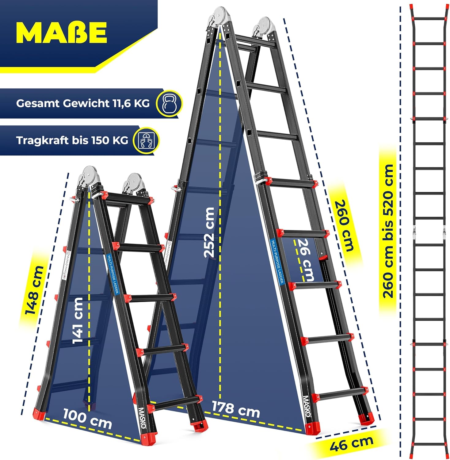 MASKO Aluminium 6in1 Mehrzweckleiter – 20 Sprossen | - 520 cm | 150 Kg, ausziehbar, rutschfest, Multifunktional, Gelenkleiter, Anlegeleiter, Klappleiter, beidseitige Steh- und Treppenleiter | Schwarz — Ansicht 2