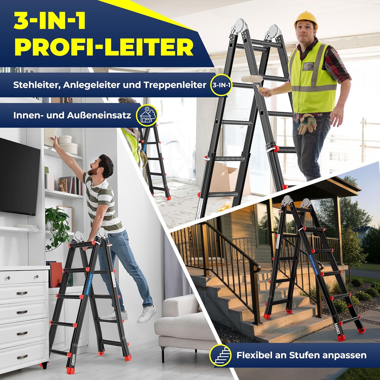 MASKO Aluminium 6in1 Mehrzweckleiter – 20 Sprossen | - 520 cm | 150 Kg, ausziehbar, rutschfest, Multifunktional, Gelenkleiter, Anlegeleiter, Klappleiter, beidseitige Steh- und Treppenleiter | Schwarz — Ansicht 3