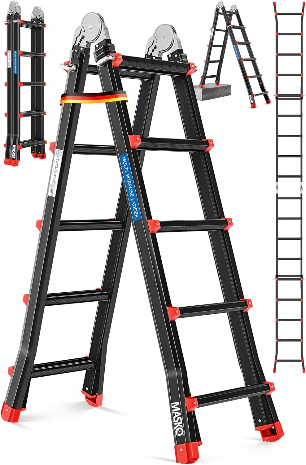 MASKO Aluminium 6in1 Mehrzweckleiter – 20 Sprossen | - 520 cm | 150 Kg, ausziehbar, rutschfest, Multifunktional, Gelenkleiter, Anlegeleiter, Klappleiter, beidseitige Steh- und Treppenleiter | Schwarz