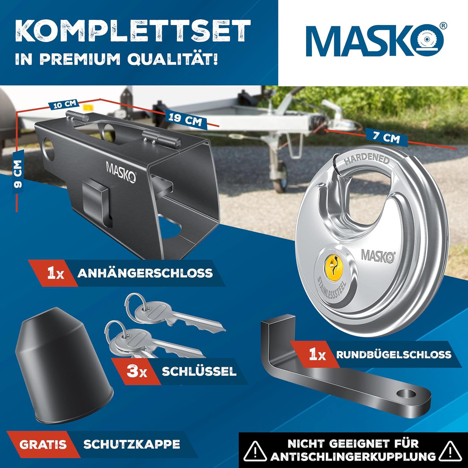 MASKO® Anhängerschloss mit Scharniersystem für Angekoppelte & Abgekoppelte Anhänger | Anhänger Schloss Diebstahlschutz Wohnwagen Kastenschloss inkl.Rundbügelschloss, Schlüssel & Schutzkappe, Anthrazit — Ansicht 2