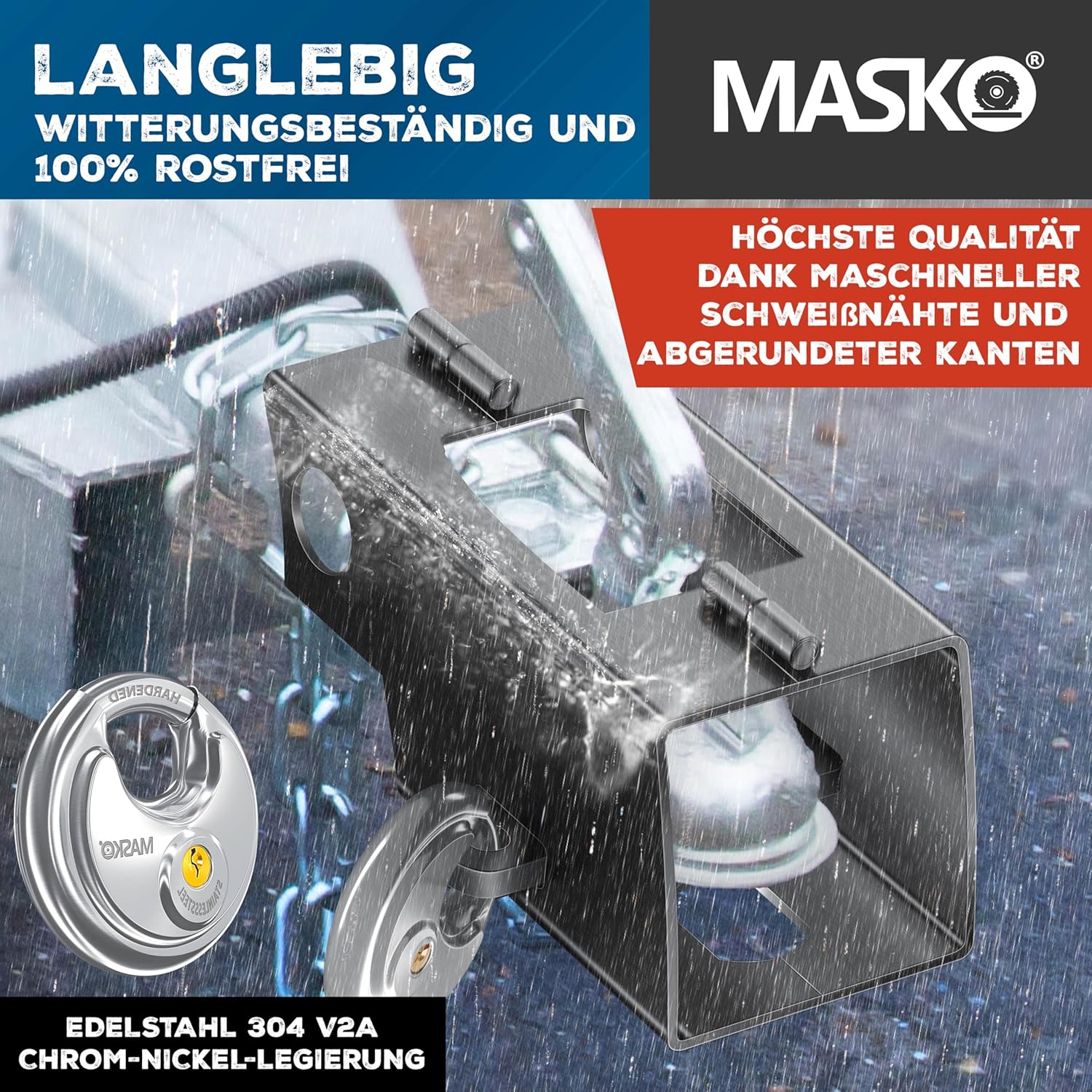 MASKO® Anhängerschloss mit Scharniersystem für Angekoppelte & Abgekoppelte Anhänger | Anhänger Schloss Diebstahlschutz Wohnwagen Kastenschloss inkl.Rundbügelschloss, Schlüssel & Schutzkappe, Anthrazit — Ansicht 4
