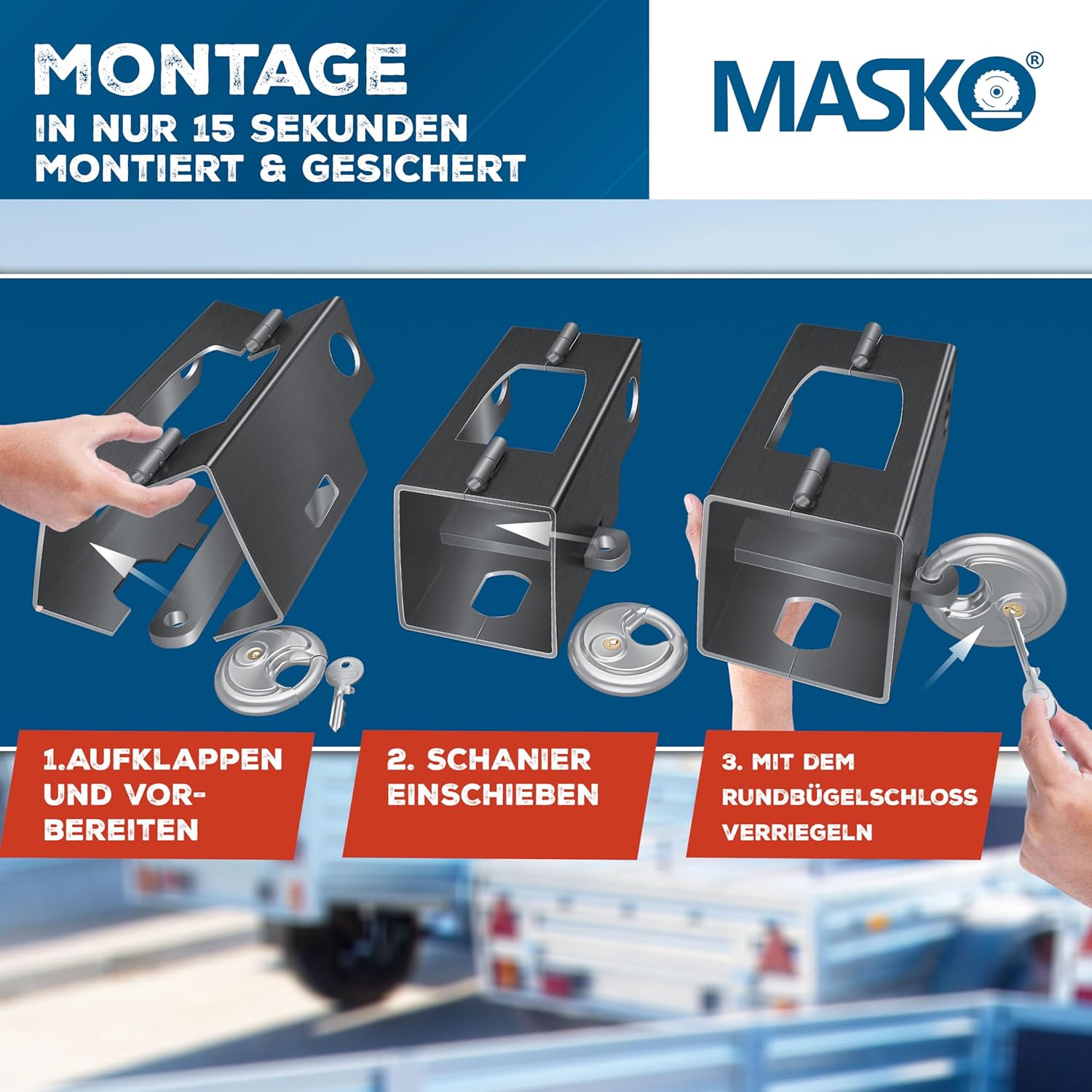 MASKO® Anhängerschloss mit Scharniersystem für Angekoppelte & Abgekoppelte Anhänger | Anhänger Schloss Diebstahlschutz Wohnwagen Kastenschloss inkl.Rundbügelschloss, Schlüssel & Schutzkappe, Anthrazit — Ansicht 6