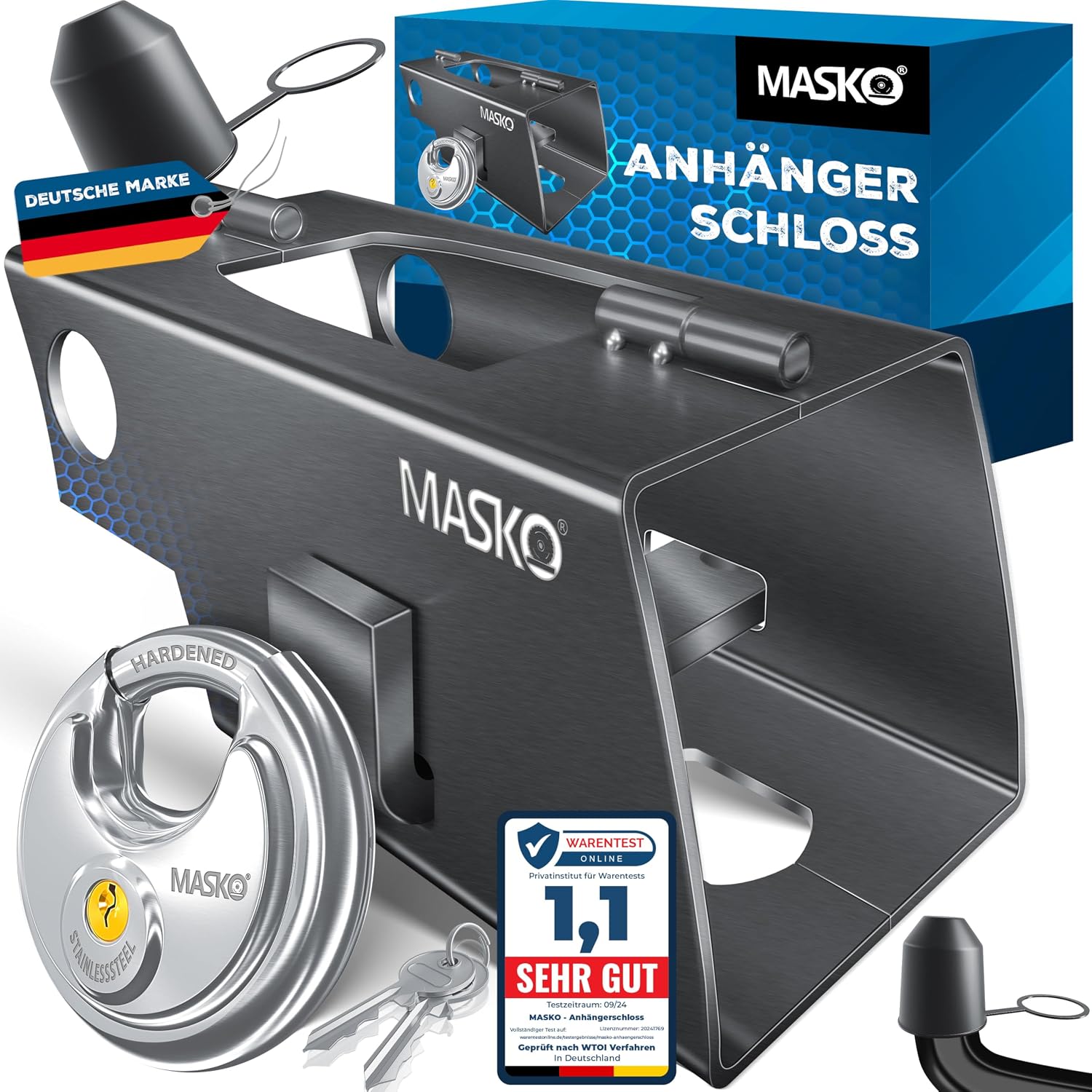 MASKO® Anhängerschloss mit Scharniersystem für Angekoppelte & Abgekoppelte Anhänger | Anhänger Schloss Diebstahlschutz Wohnwagen Kastenschloss inkl.Rundbügelschloss, Schlüssel & Schutzkappe, Anthrazit