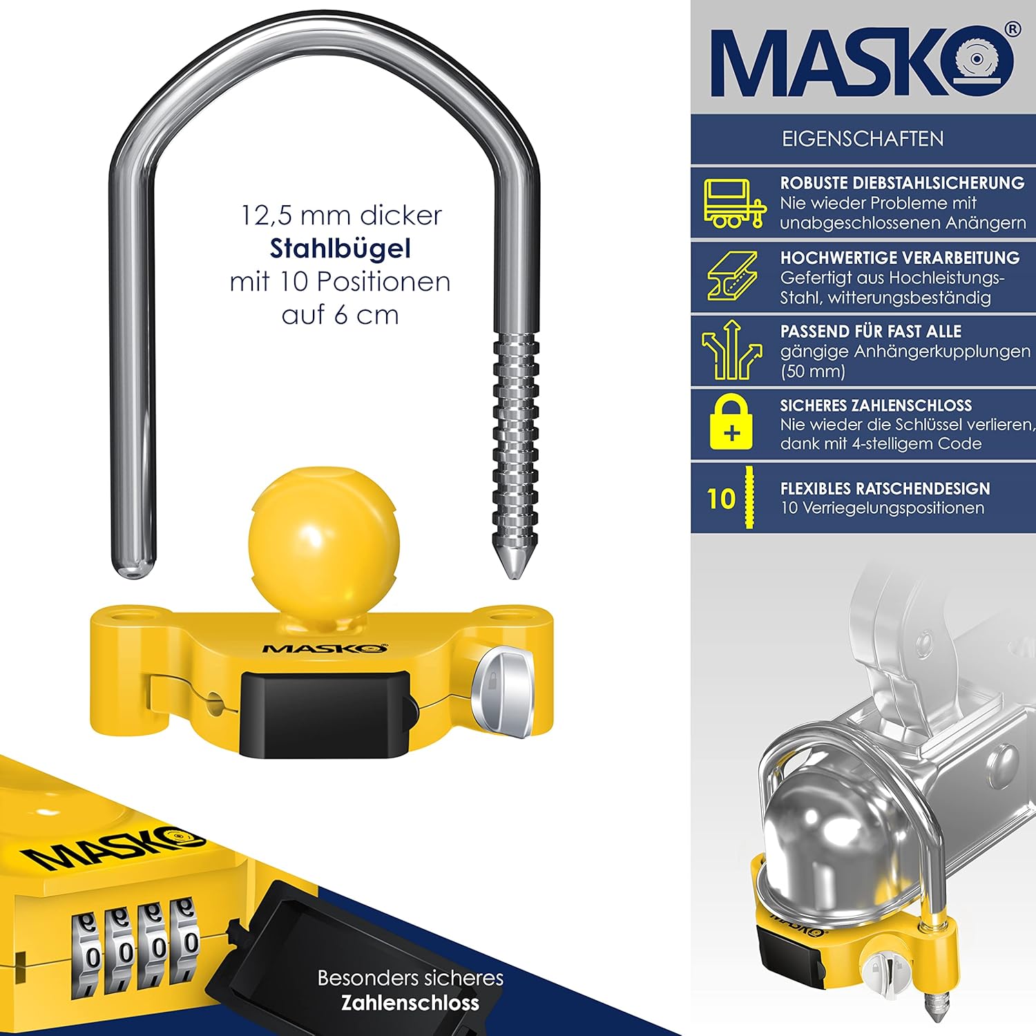 MASKO® Anhängerschloss Zahlenschloss mit 4 Stellig Code für gängige Anhängerkupplung Anhängerkugelsperrkupplung einfache Montage Diebstahlschutz Wohnwagen Anhänger Abschleppsperre Stahlbügel Gelb — Ansicht 2